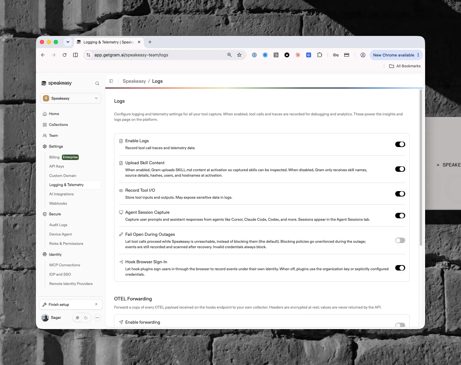 The Logs settings card with toggles for logging, skill content, tool I/O, session capture, fail-open, and browser sign-in