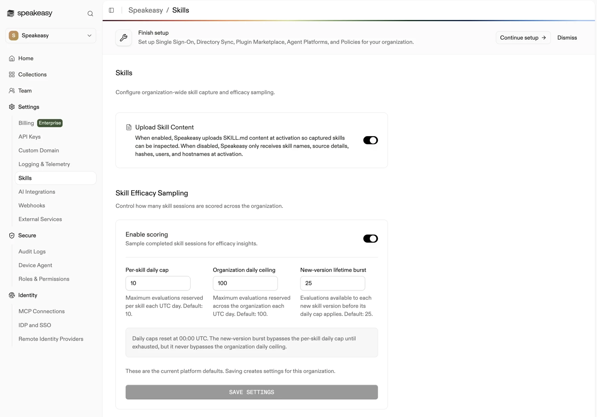The Skills settings page with the Upload Skill Content toggle and Skill Efficacy Sampling limits