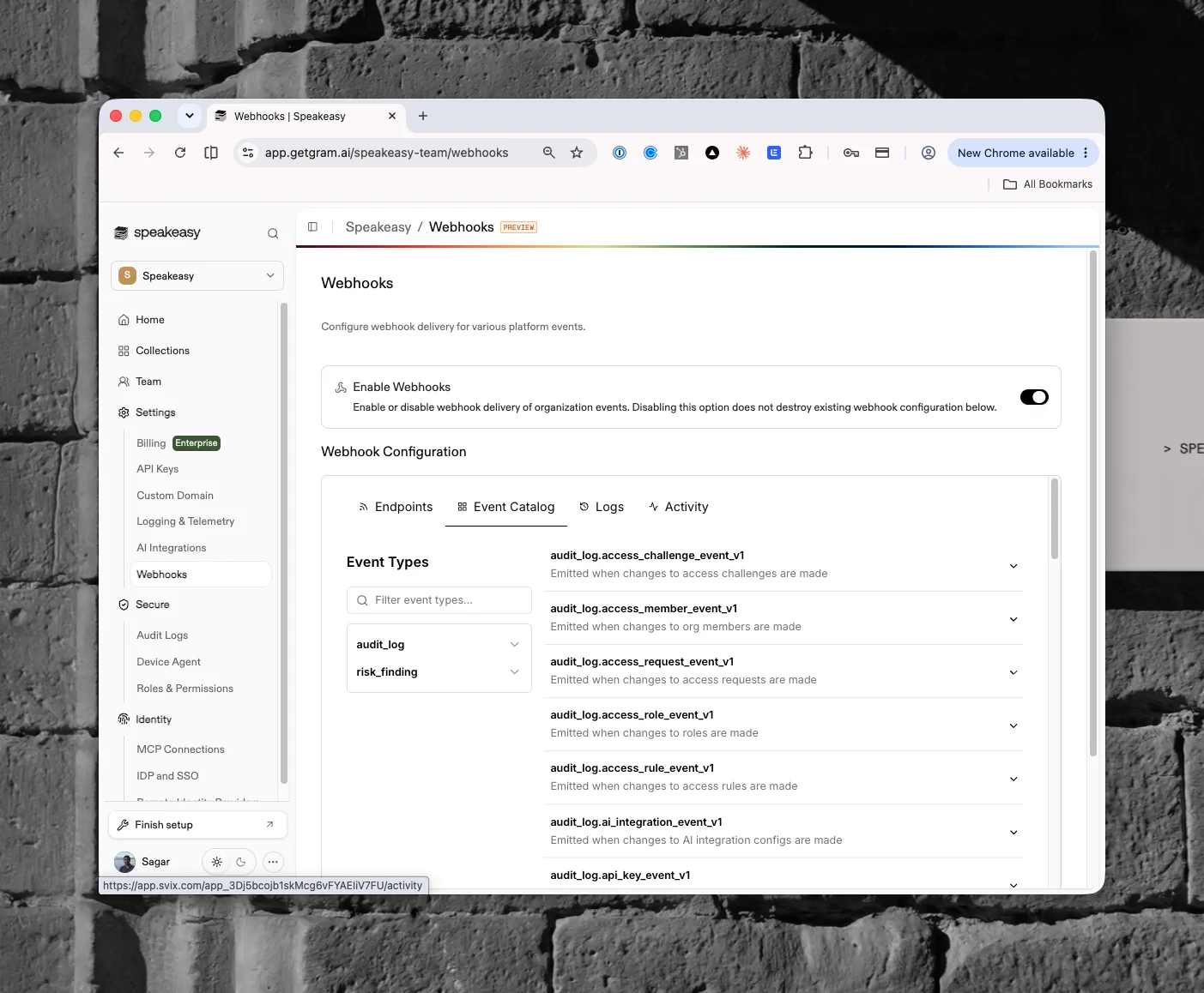 The Webhooks page with the Enable Webhooks toggle and the Event Catalog tab listing audit log event types