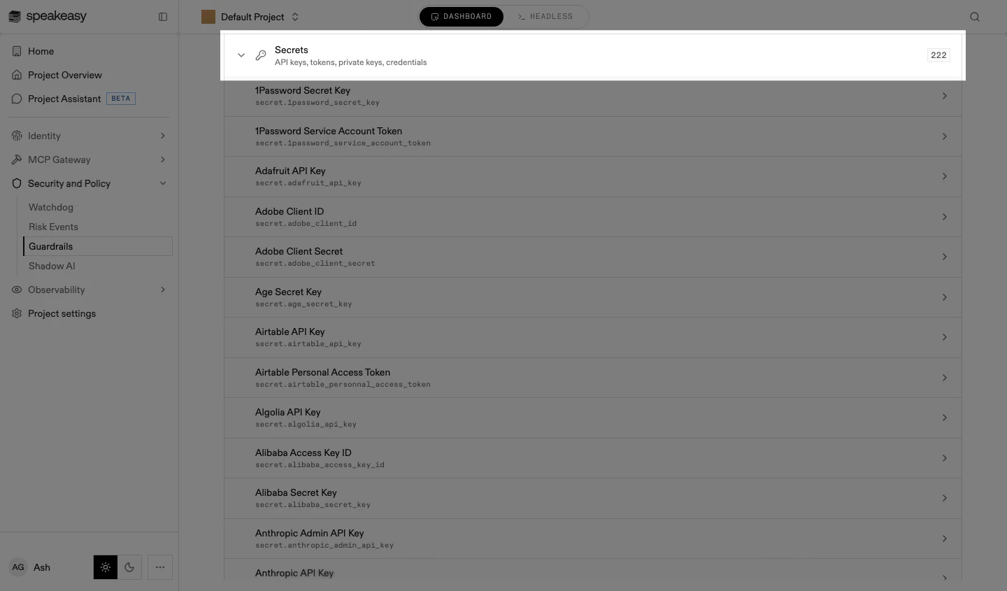The Detection Rules catalog with the Secrets category highlighted and its rule list expanded below