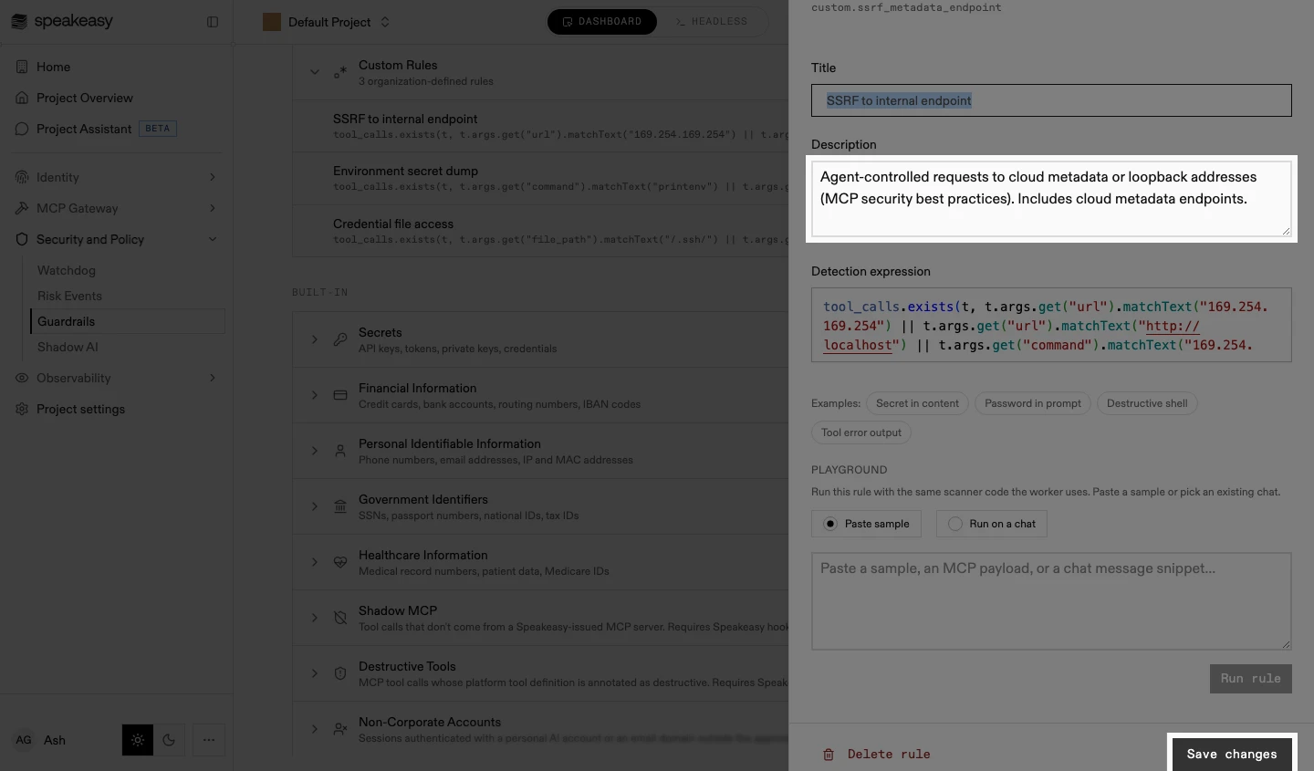 The editor sheet with an edited description highlighted and the enabled Save changes button