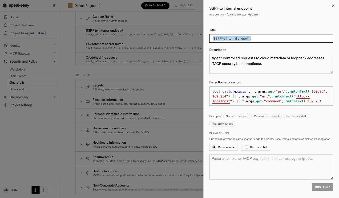 The custom rule editor sheet with the title, description, detection expression, playground, and Save changes button