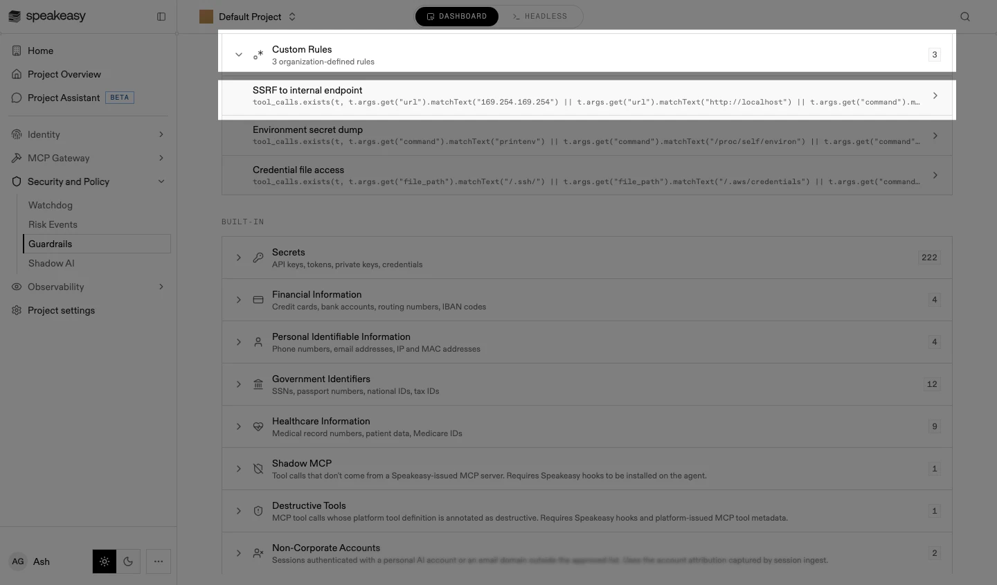 The catalog with the Custom Rules group and a custom rule row highlighted, showing its title and CEL expression