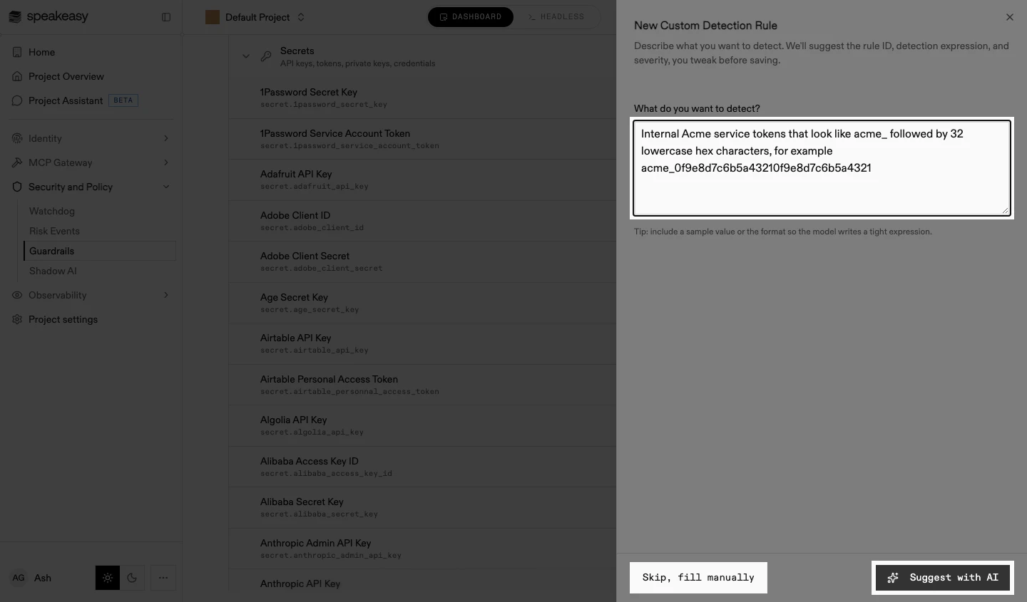 The new rule sheet with a filled description of a token format and the Skip, fill manually and Suggest with AI buttons highlighted