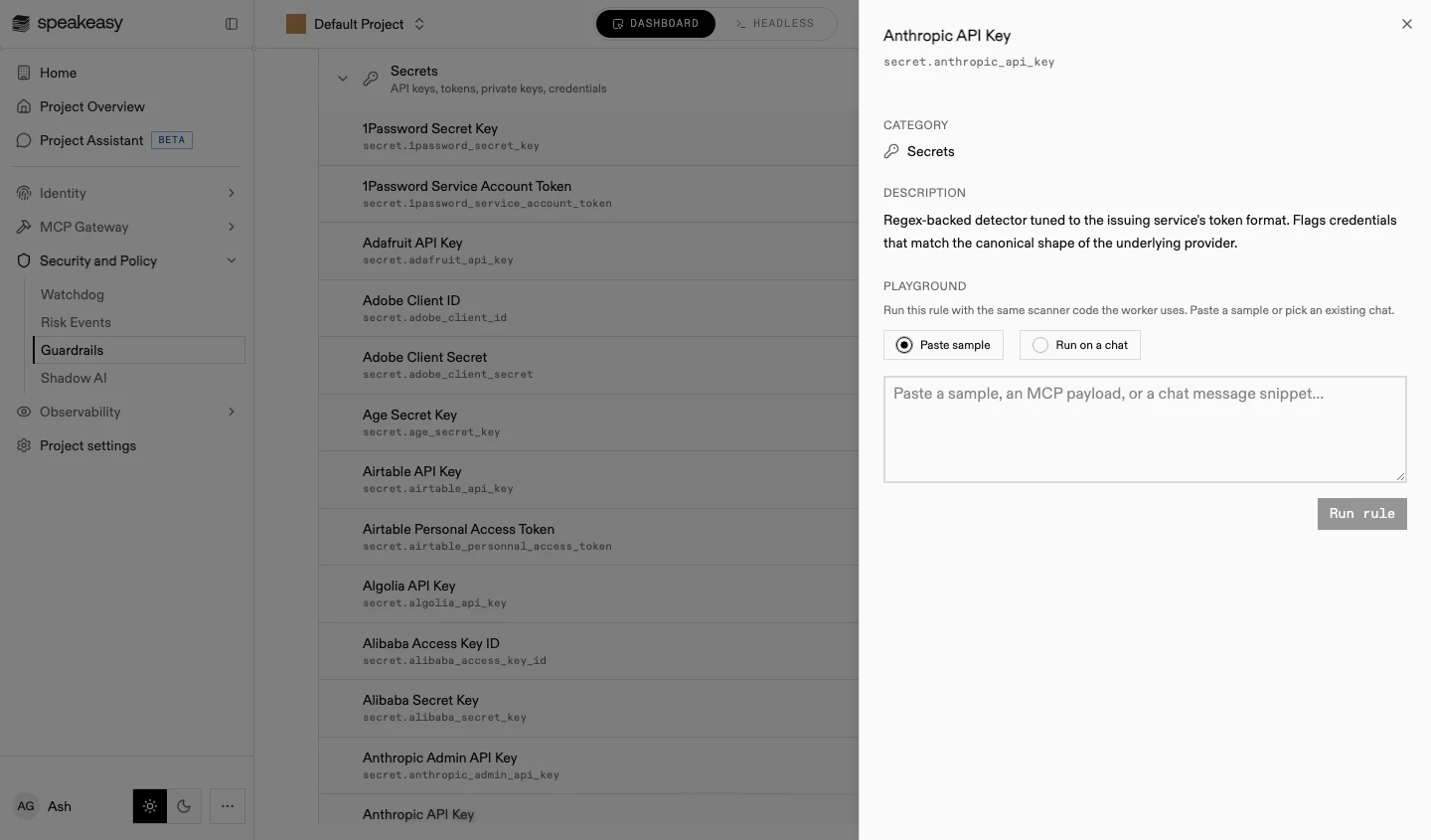 The rule sheet for a secrets rule, showing its category, description, and playground