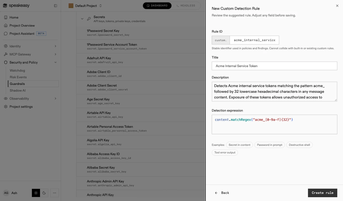 The suggested rule with the rule ID, title, description, and CEL detection expression filled in