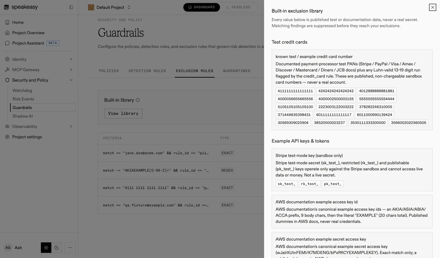 The built-in exclusion library sheet listing preset groups with reasoning and sample values