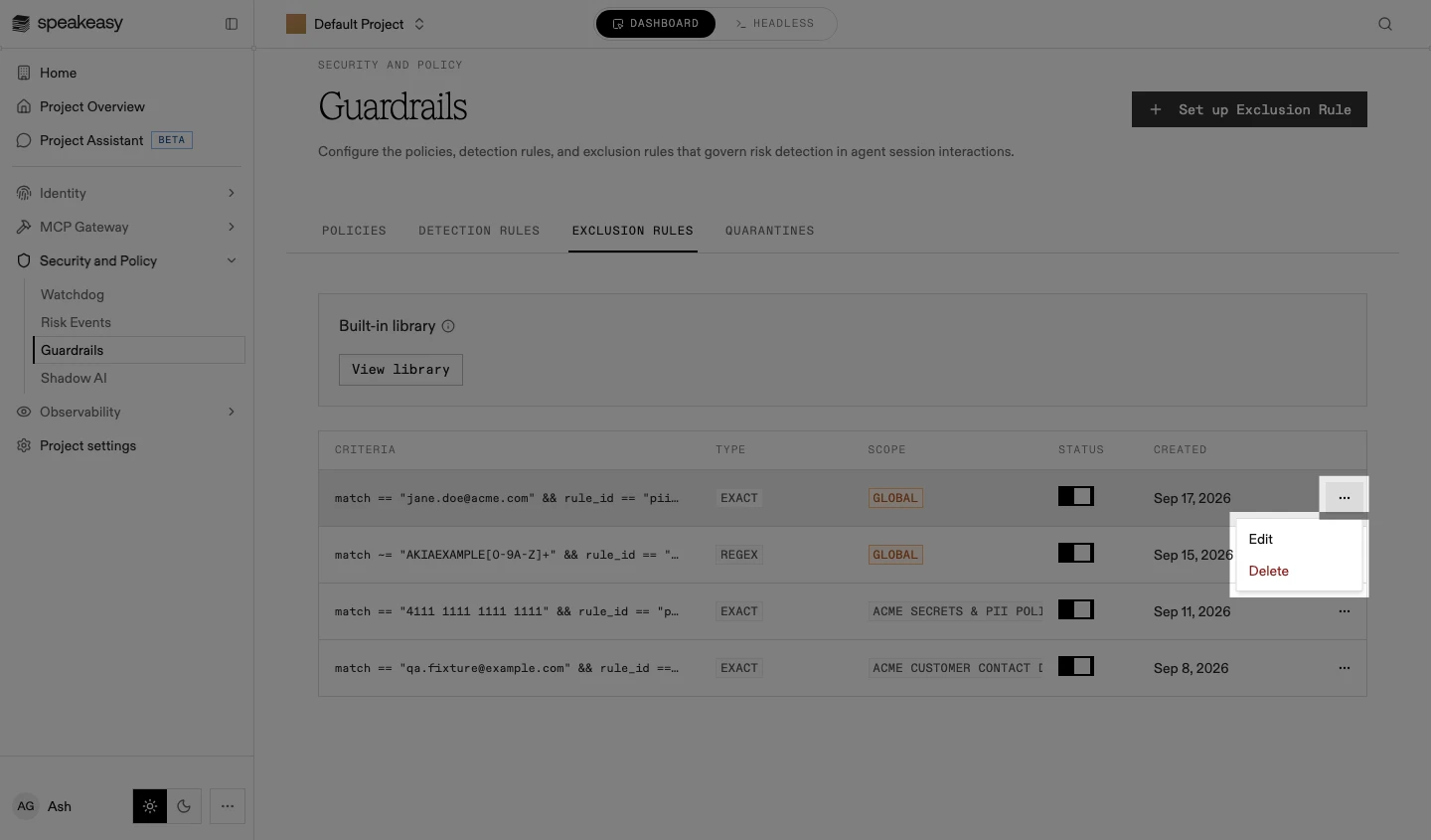 The exclusion row actions menu open, with the Edit and Delete actions highlighted