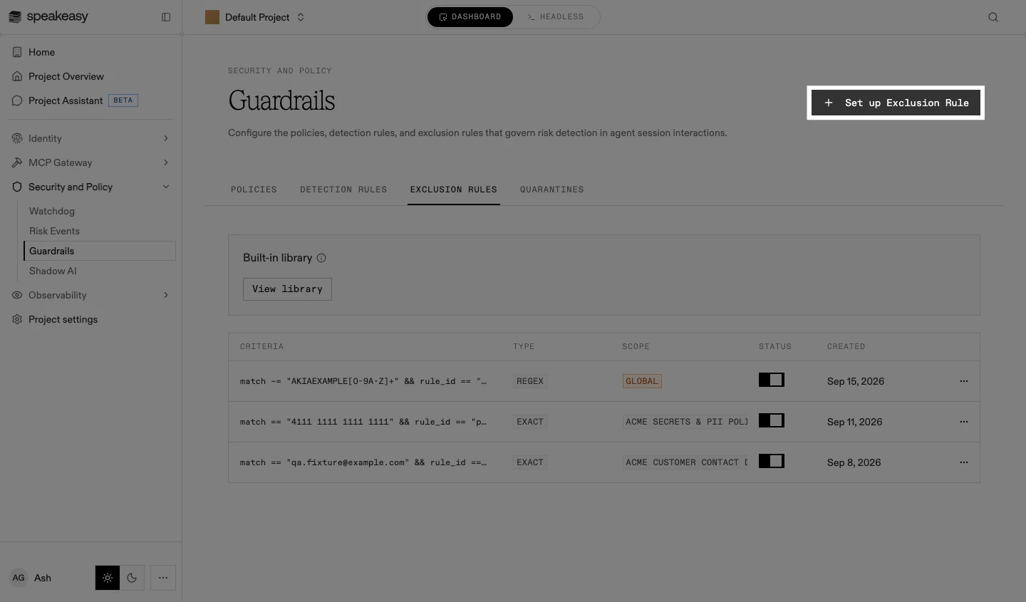 The Exclusion Rules tab with the Set up Exclusion Rule button highlighted