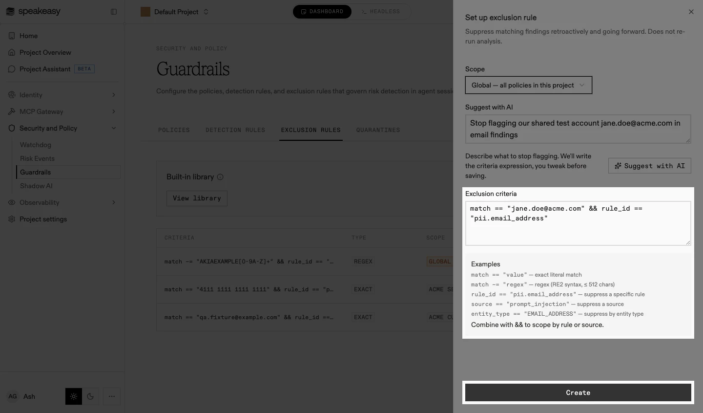 The exclusion sheet with the generated criteria expression and the Create button highlighted