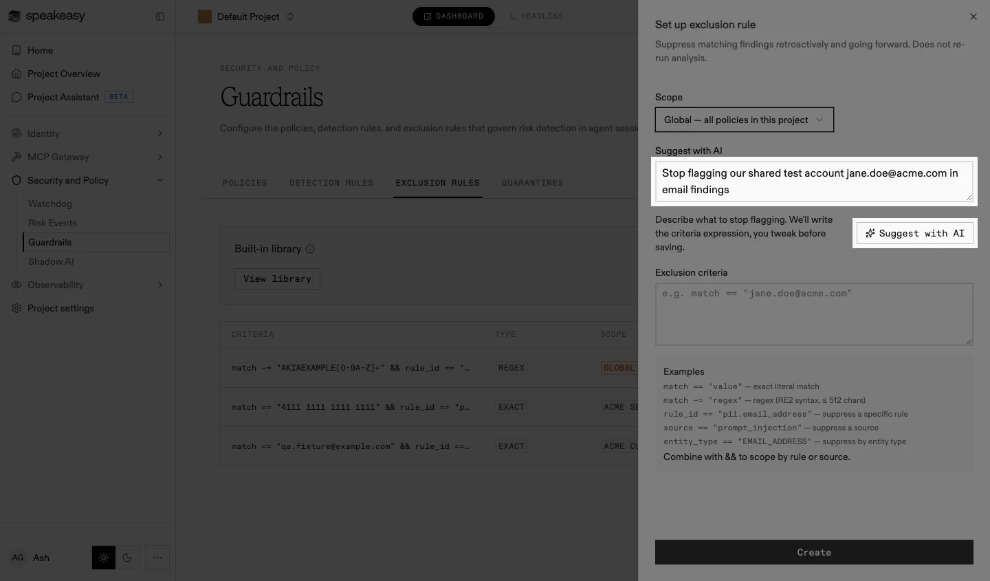 The exclusion sheet with a plain-language description filled in and the Suggest with AI button highlighted