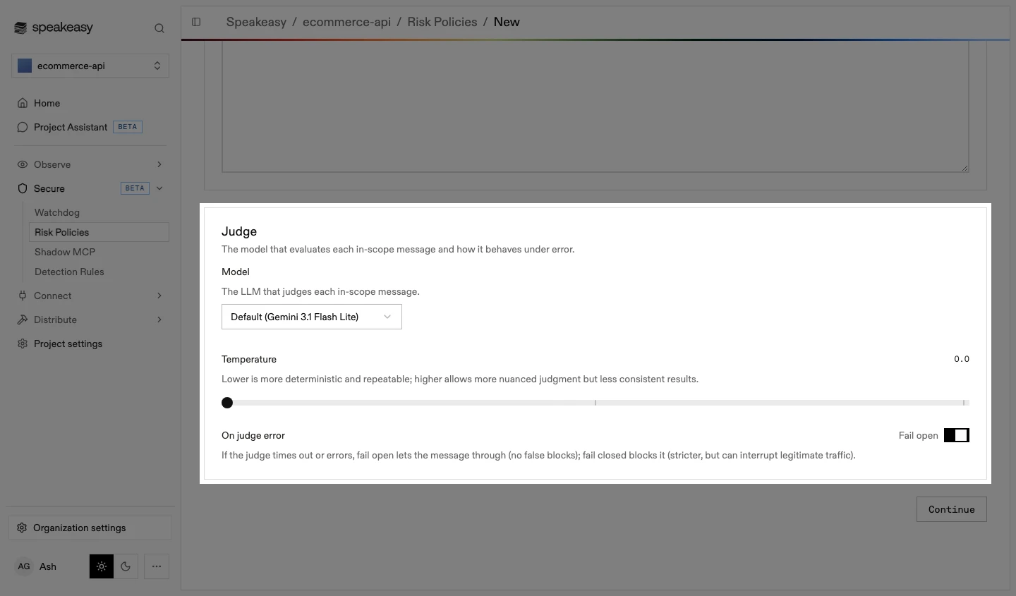 The Judge section highlighted, with the model selector, the temperature slider, and the fail open toggle for judge errors