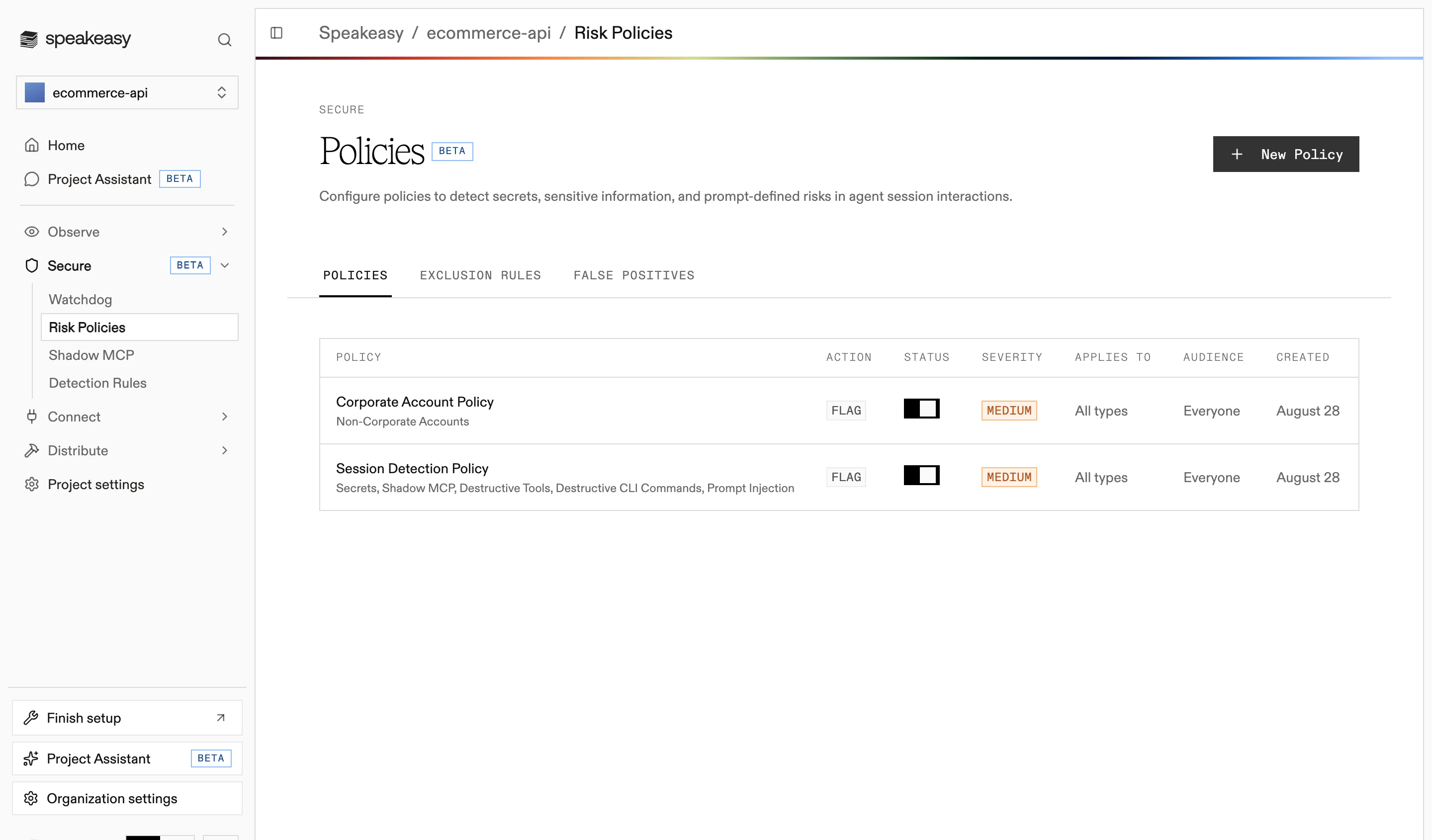 The Policies tab listing existing policies with their action, enabled toggle, severity, and audience