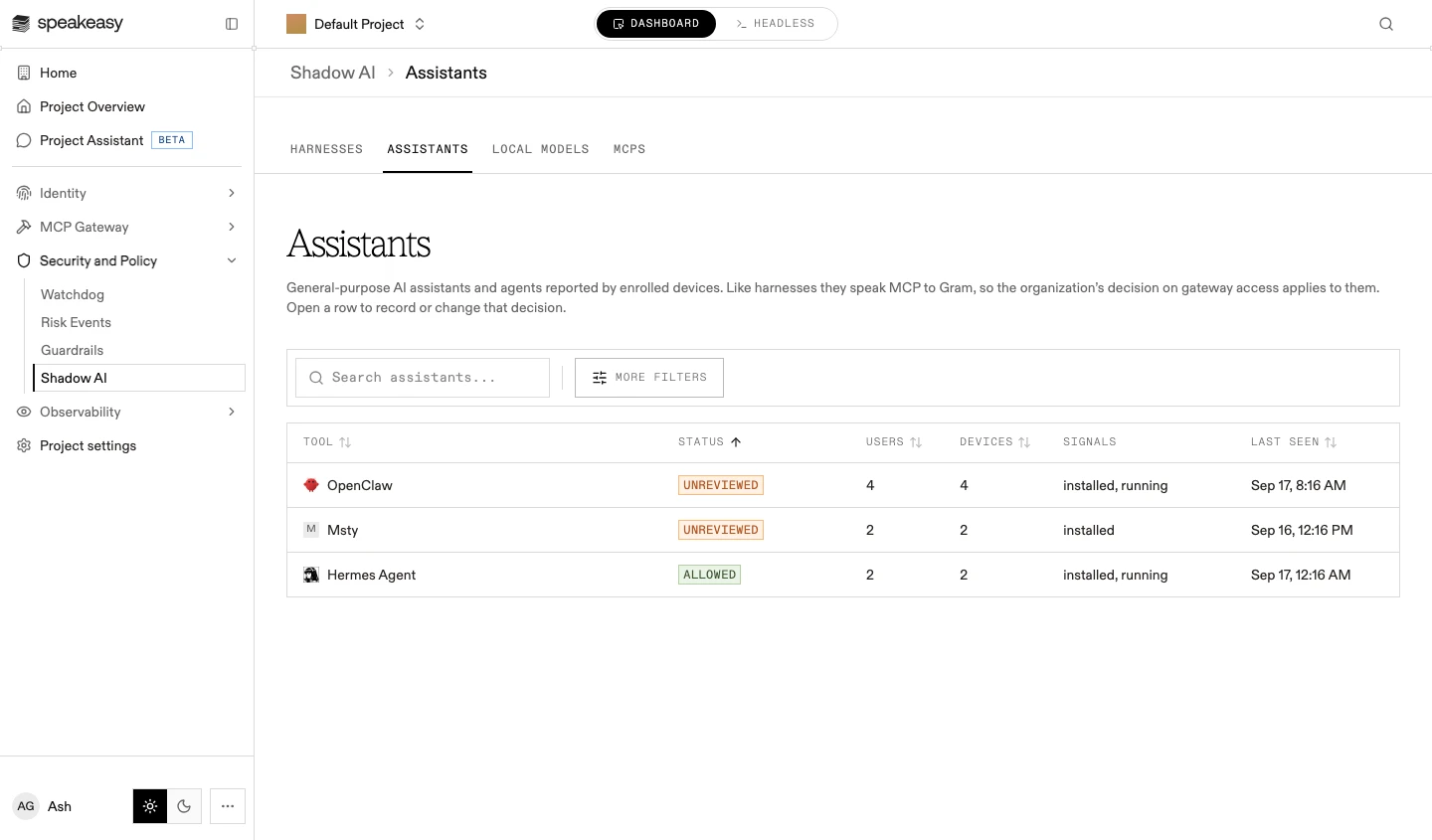 The Assistants tab listing reported assistants, including an approved tool beside unreviewed ones