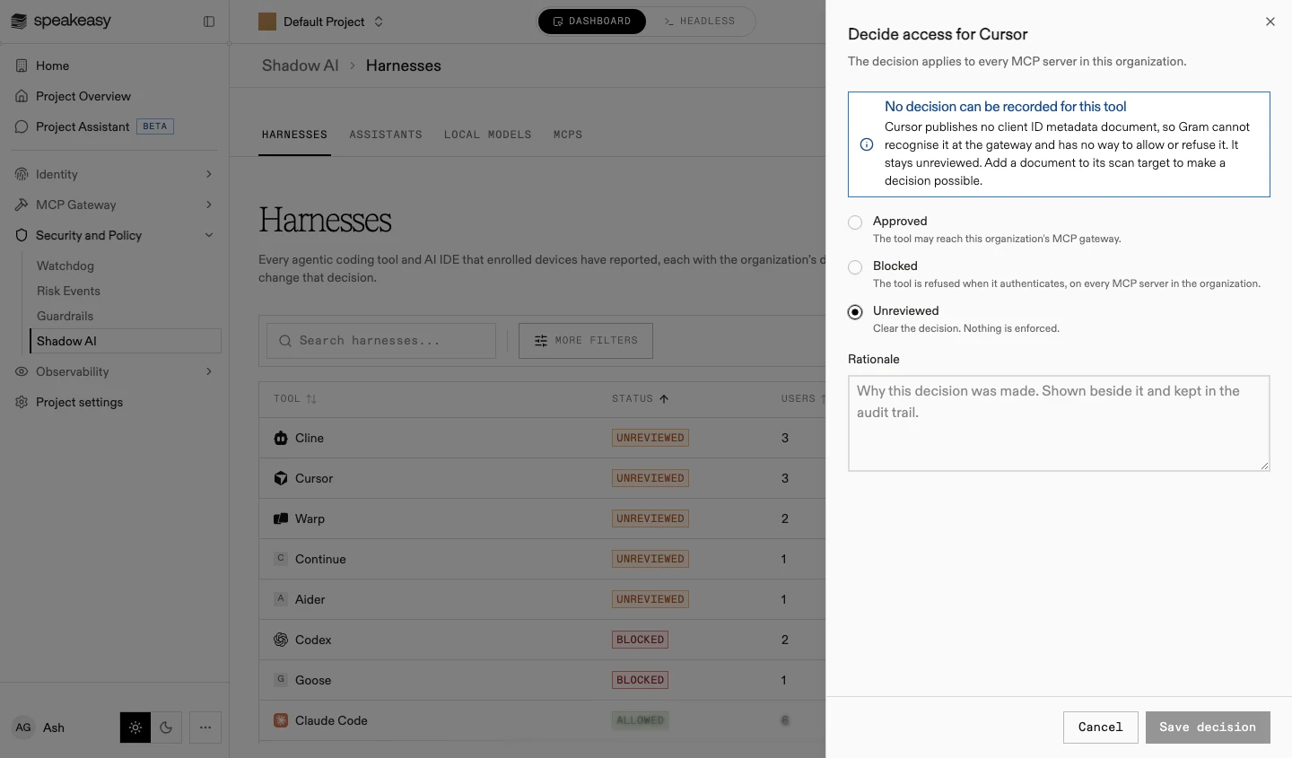 The Decide access sheet for a tool without a client ID metadata document, explaining that no decision can be recorded