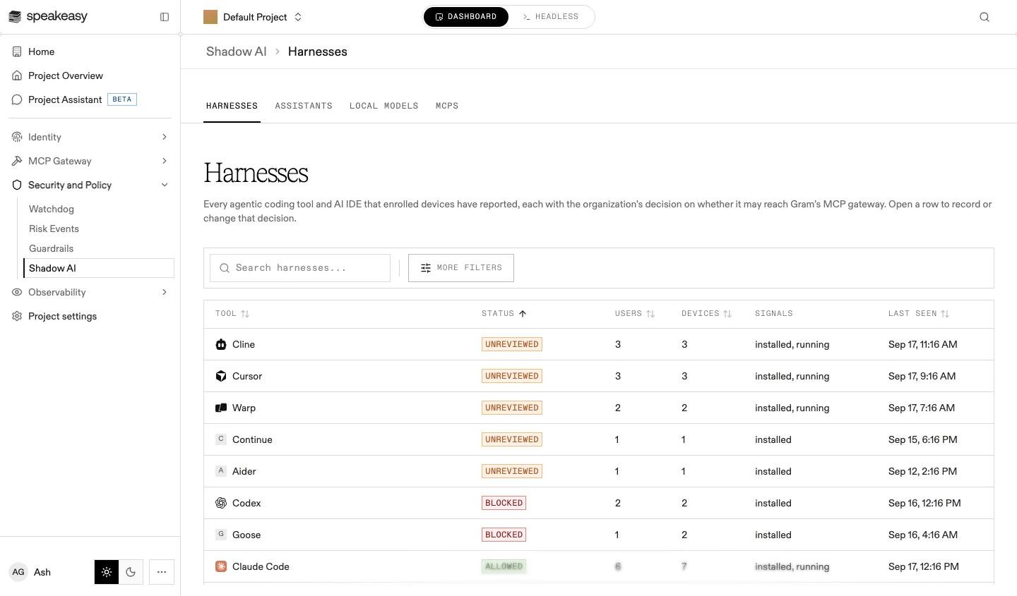 The Harnesses tab listing reported coding tools with their status, users, devices, signals, and last seen