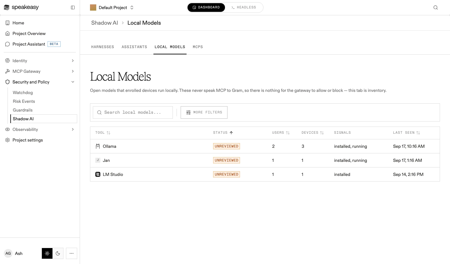 The Local Models tab listing locally run models with their users, devices, signals, and last seen