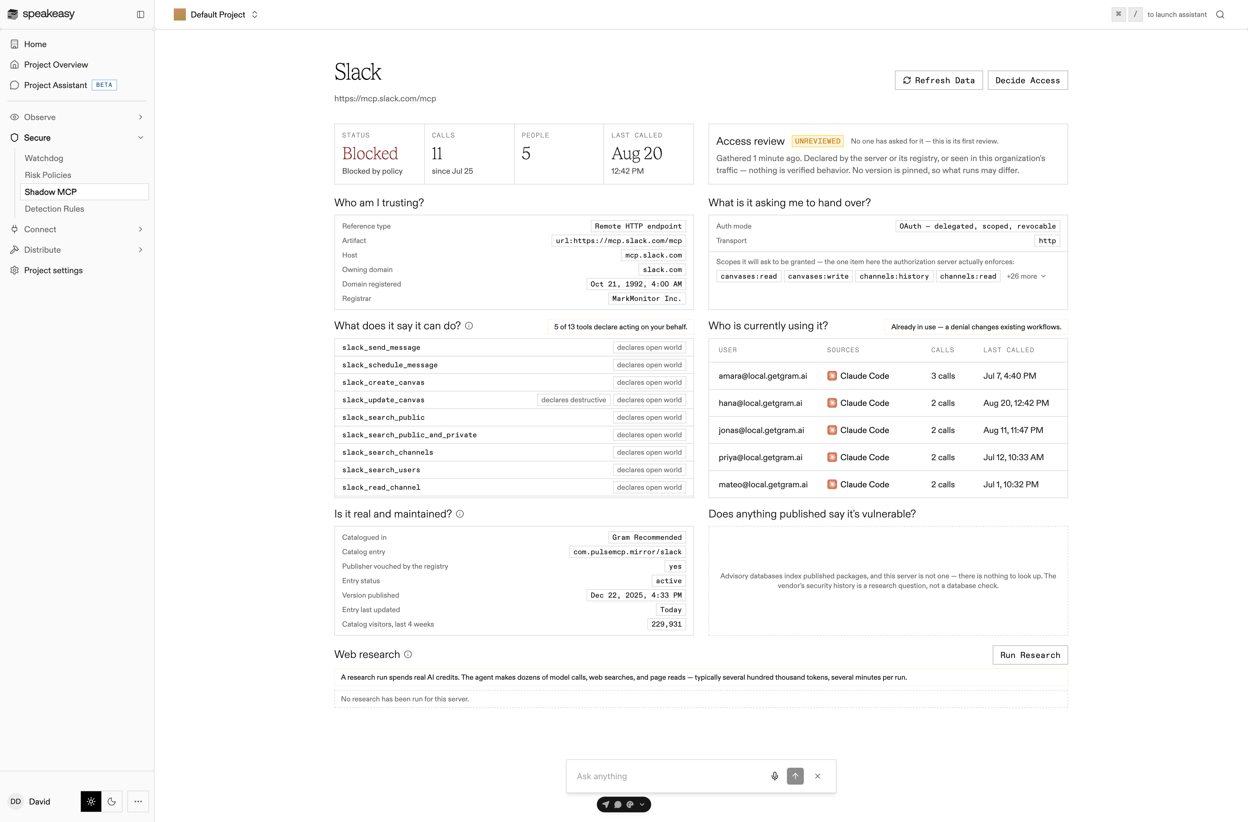A shadow MCP server's access review: the summary strip, review state, and the evidence dossier organized by question