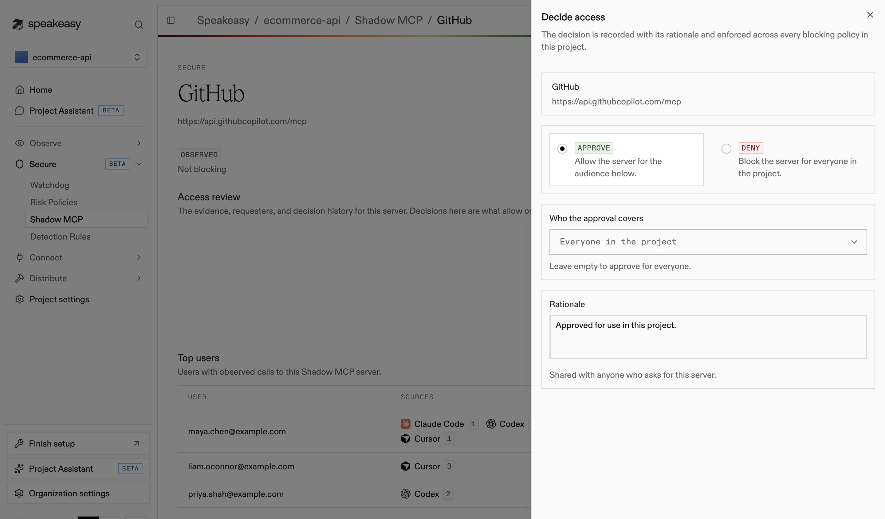 The Decide access sheet with approve and deny options, an audience selector, and a rationale field