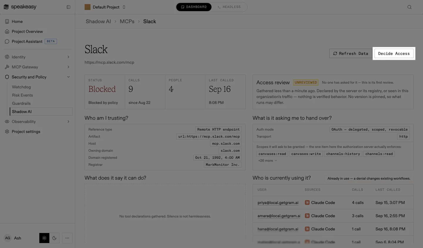 The access review with the Decide Access button highlighted