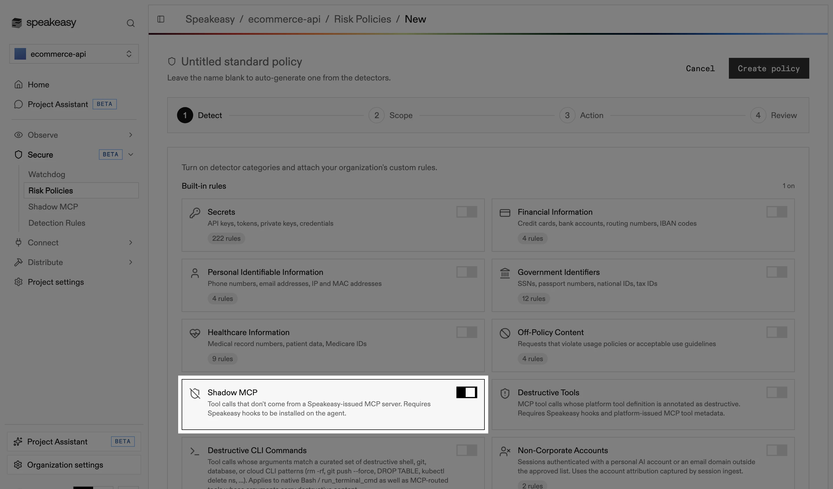 The Detect step of the policy editor with the Shadow MCP category highlighted and its toggle enabled