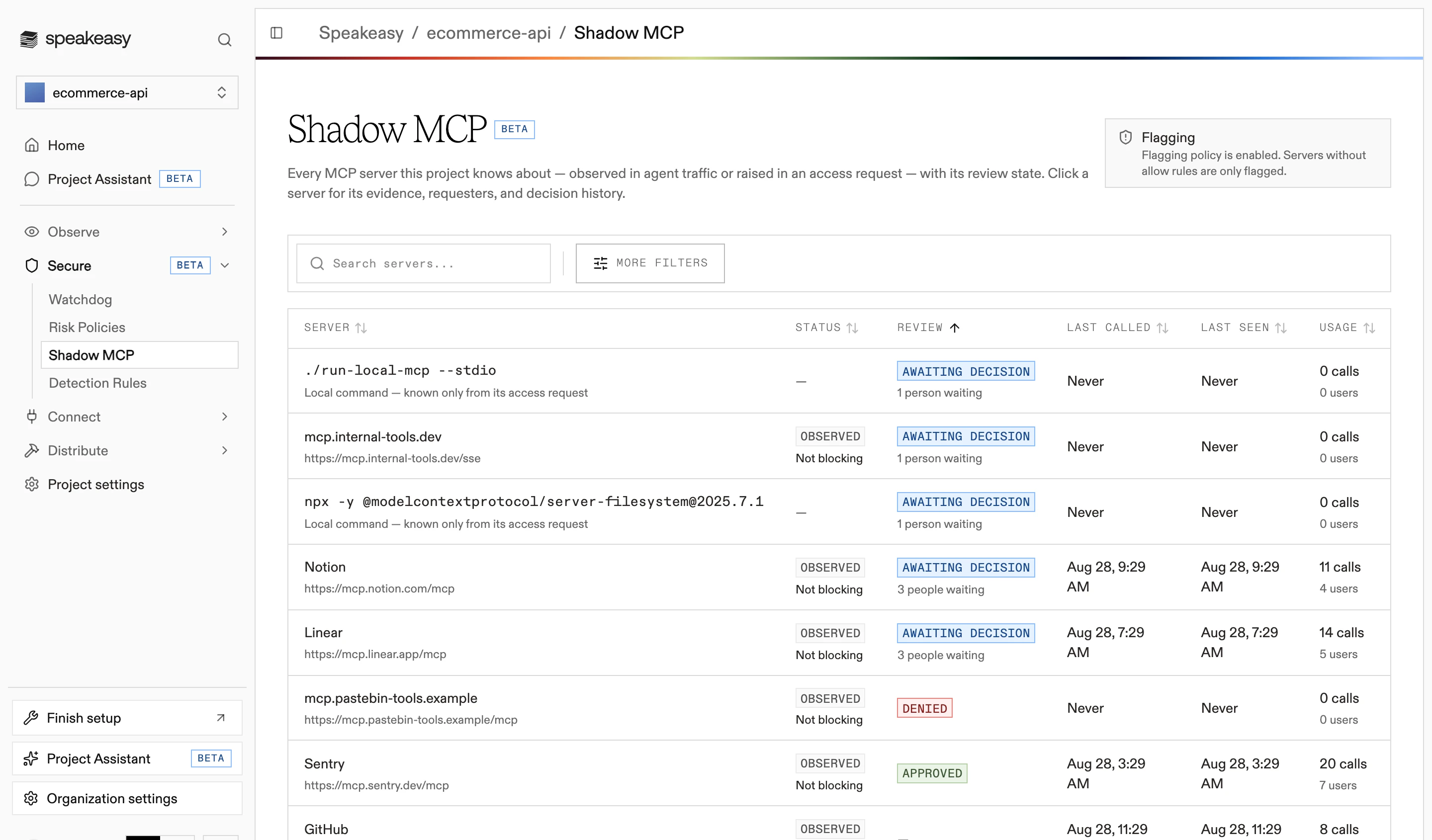 The Shadow MCP inventory listing discovered servers with their URLs, status, review state, last called, last seen, and call and user counts