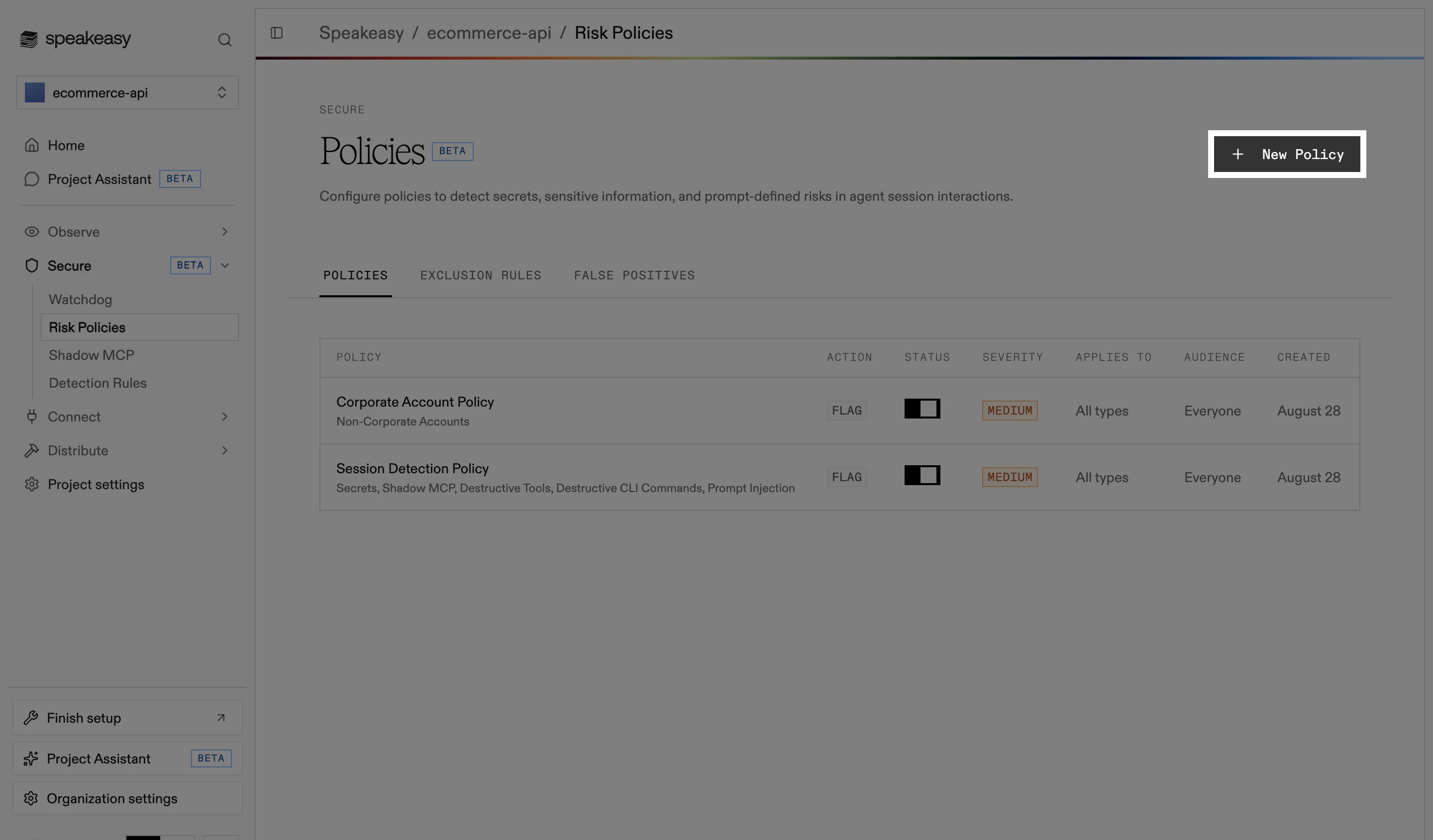 The Risk Policies page with the New Policy button highlighted in the top right