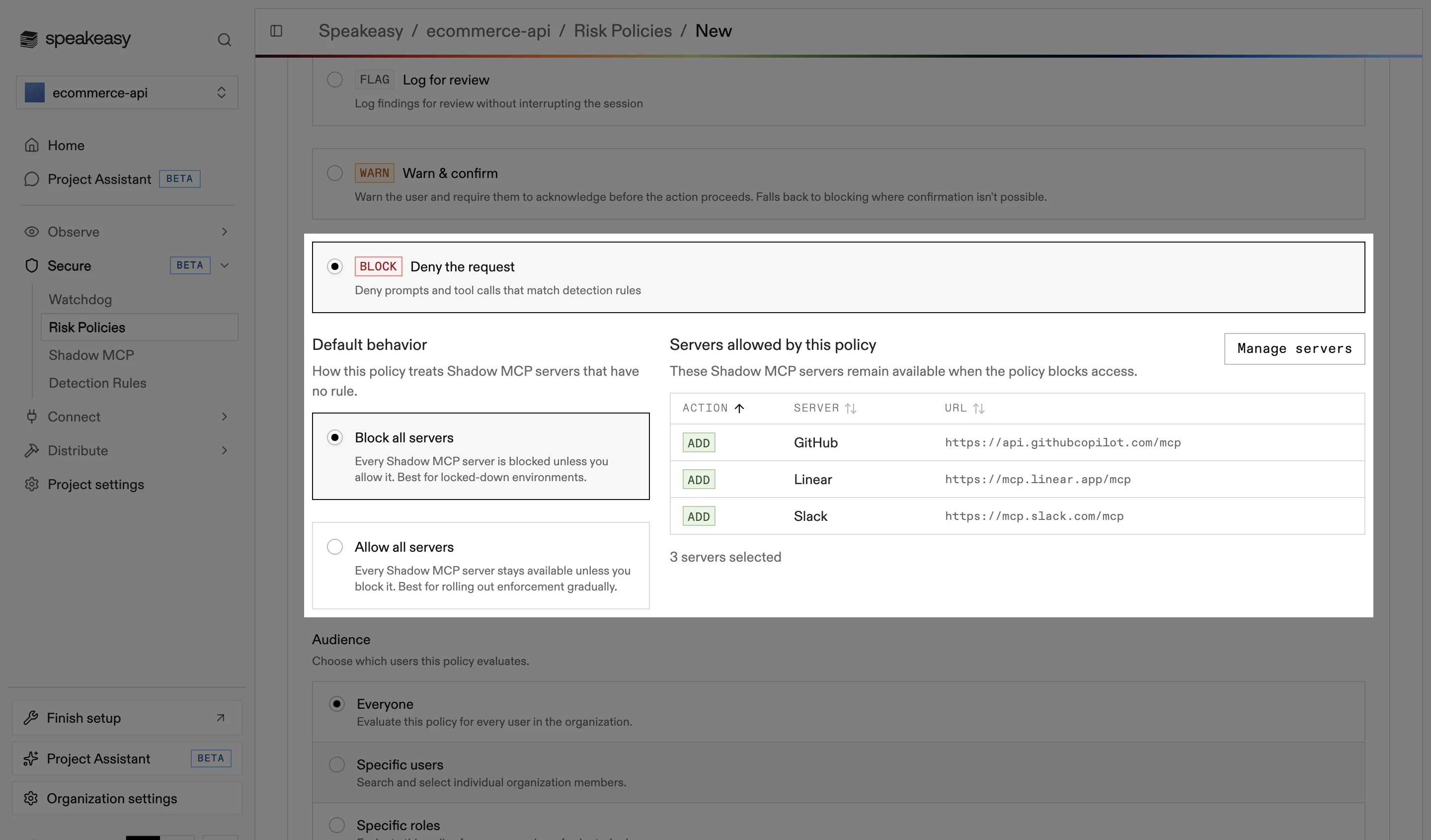 The Action step with Deny the request selected, the Default behavior posture picker highlighted, and three servers allowed by the policy