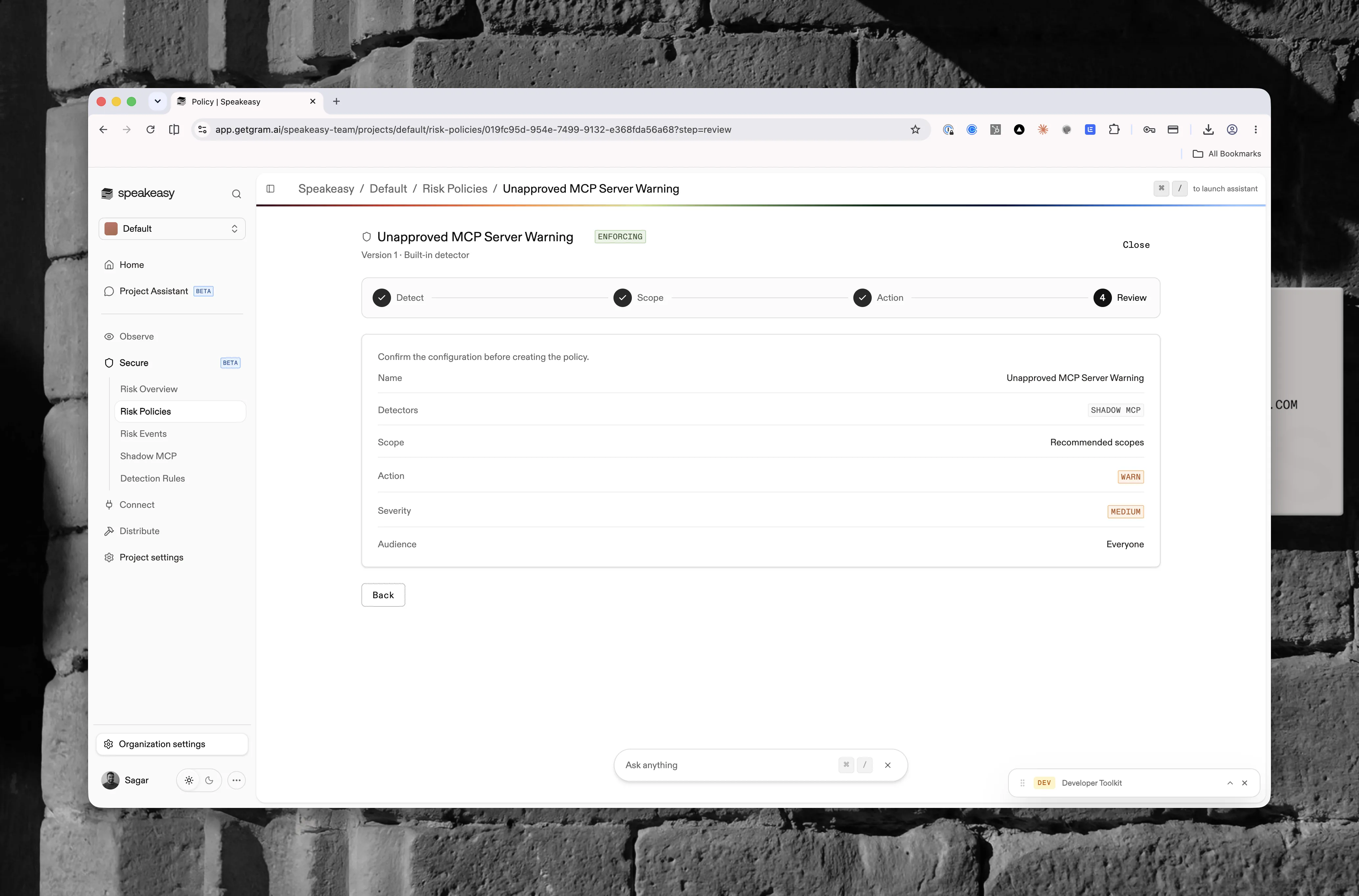 The review step of a risk policy showing the Shadow MCP detector, recommended scopes, a Warn action, medium severity, and an audience of Everyone