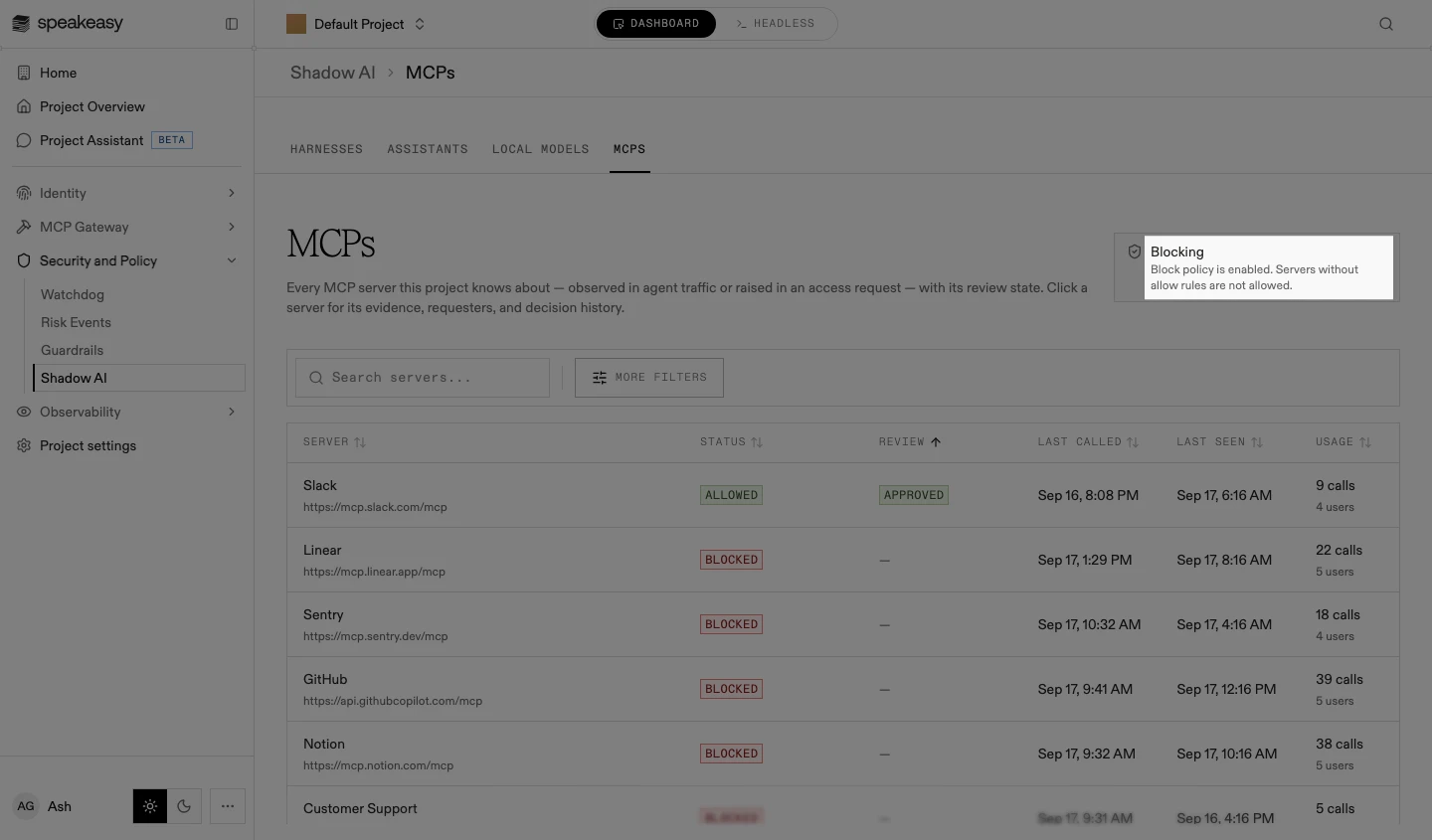The policy status indicator highlighted, reporting that a block policy is enabled and unapproved servers are not allowed