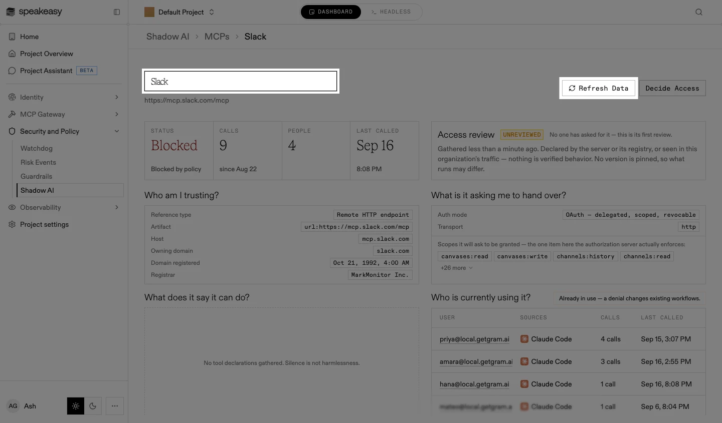 The server name edit field and the Refresh Data button highlighted on the access review