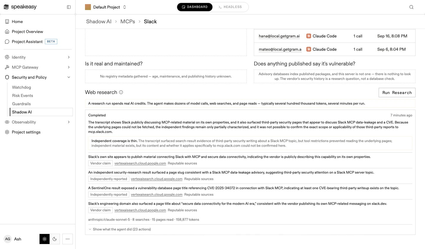A completed web research report with labeled claims, cited sources, a source-quality judgment, and the run's action trace
