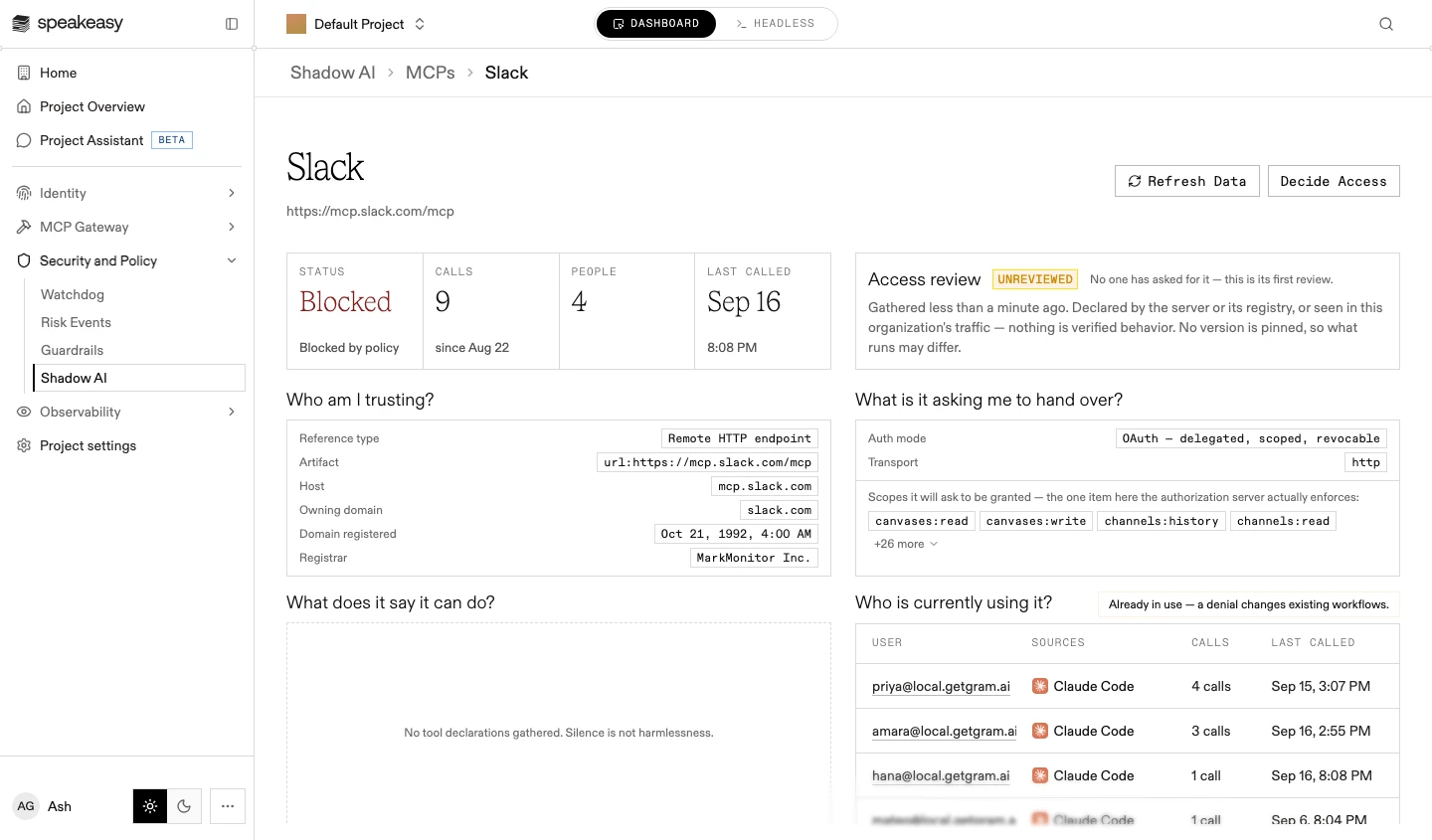 A shadow MCP server's access review: the summary strip, the unreviewed state, and the gathered evidence organized by question