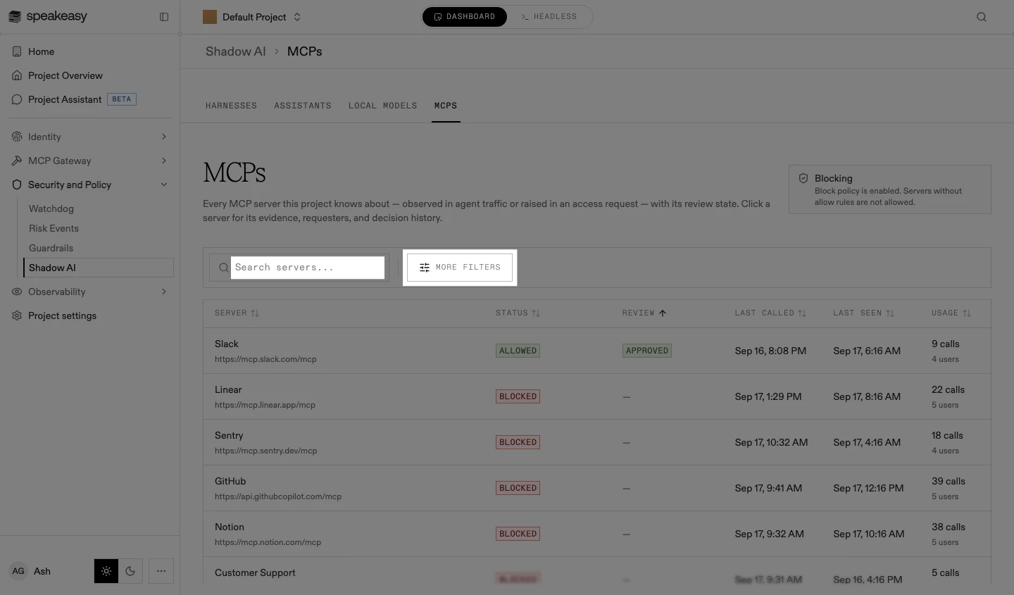 The inventory with the server search field and the More filters control highlighted