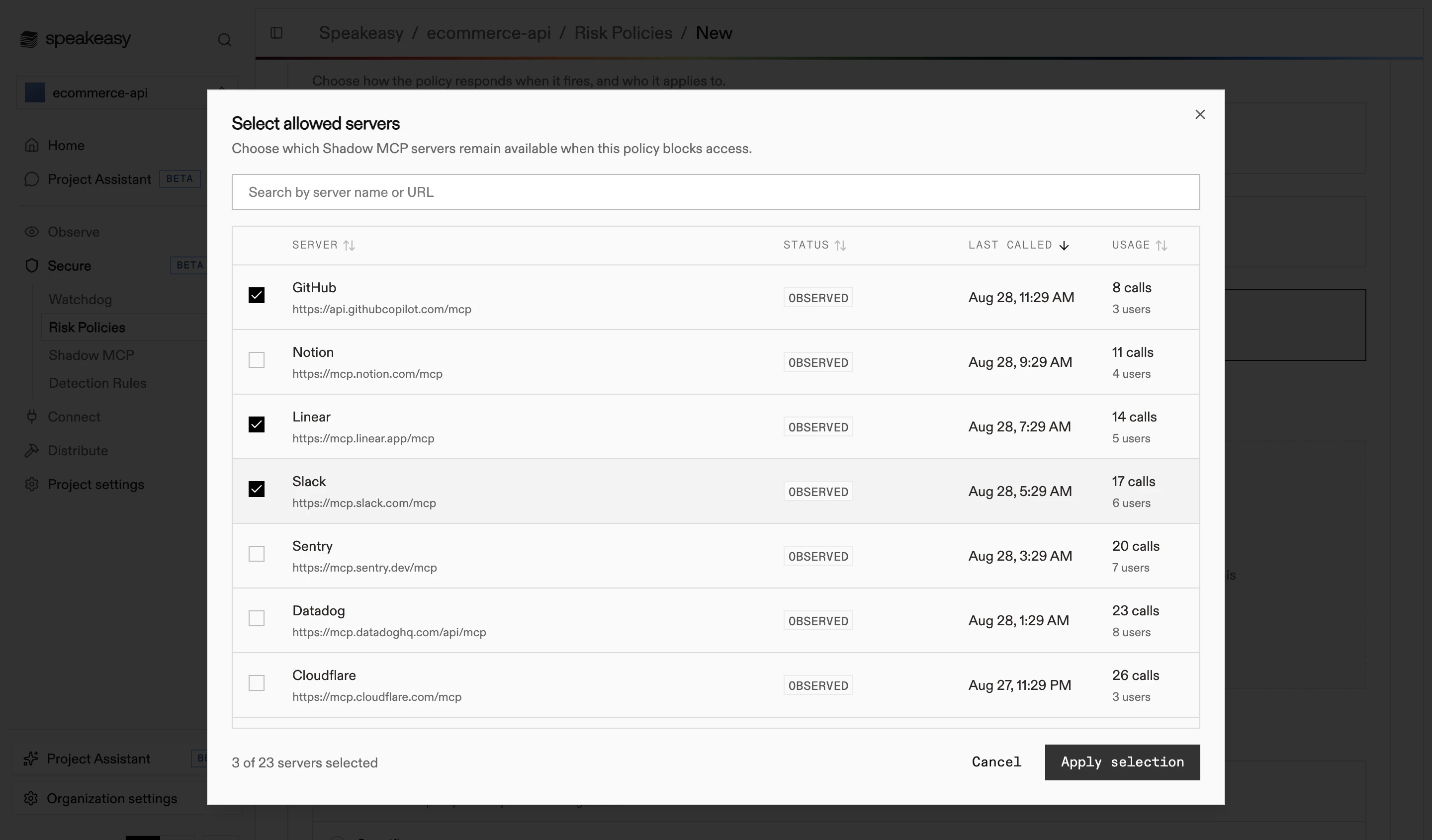 The Select allowed servers dialog listing observed shadow MCP servers with status, last called, and usage columns, and three servers checked