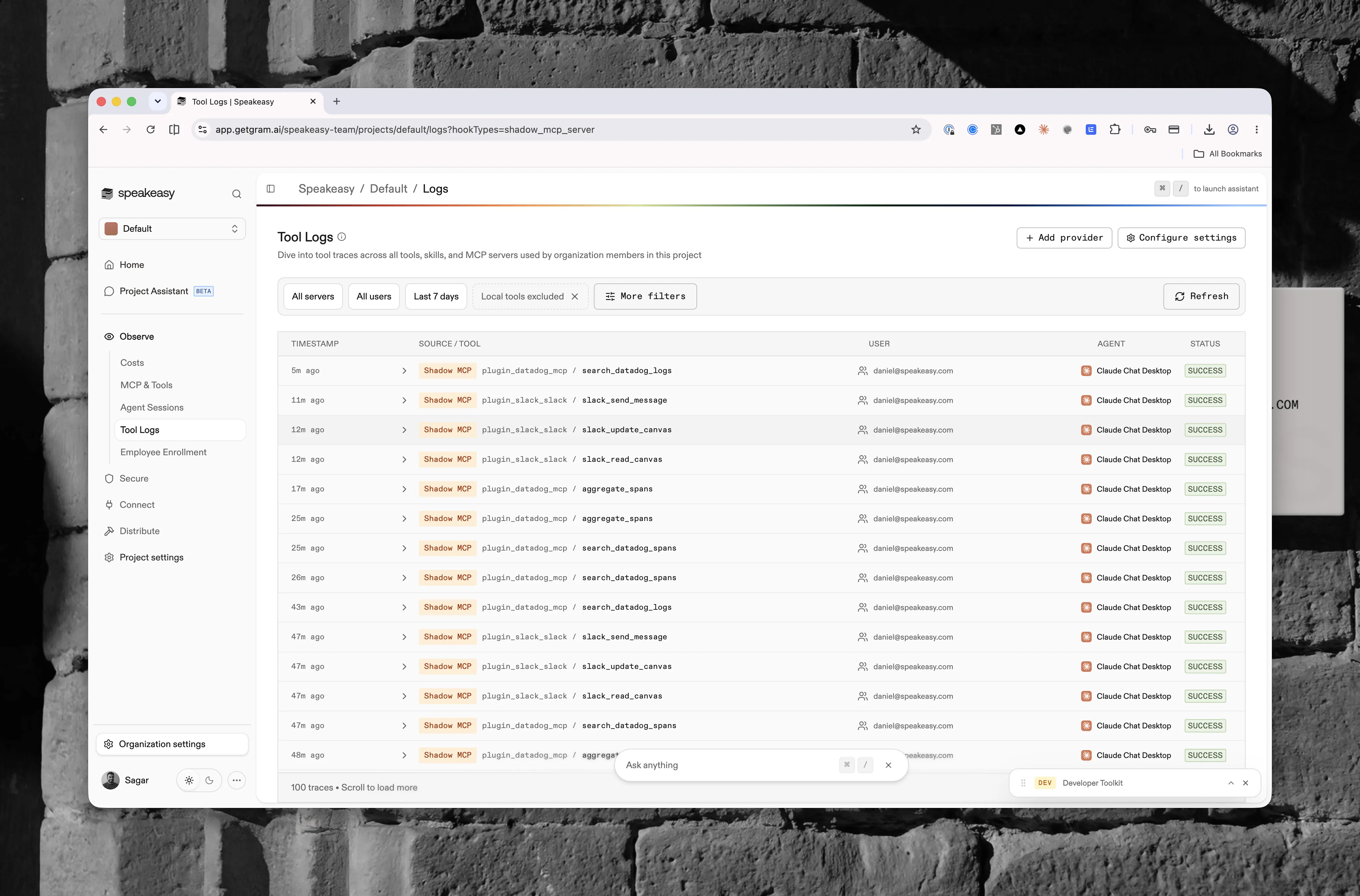 Tool Logs filtered to the Shadow MCP source, with a Shadow MCP badge, tool name, user, and agent on each row
