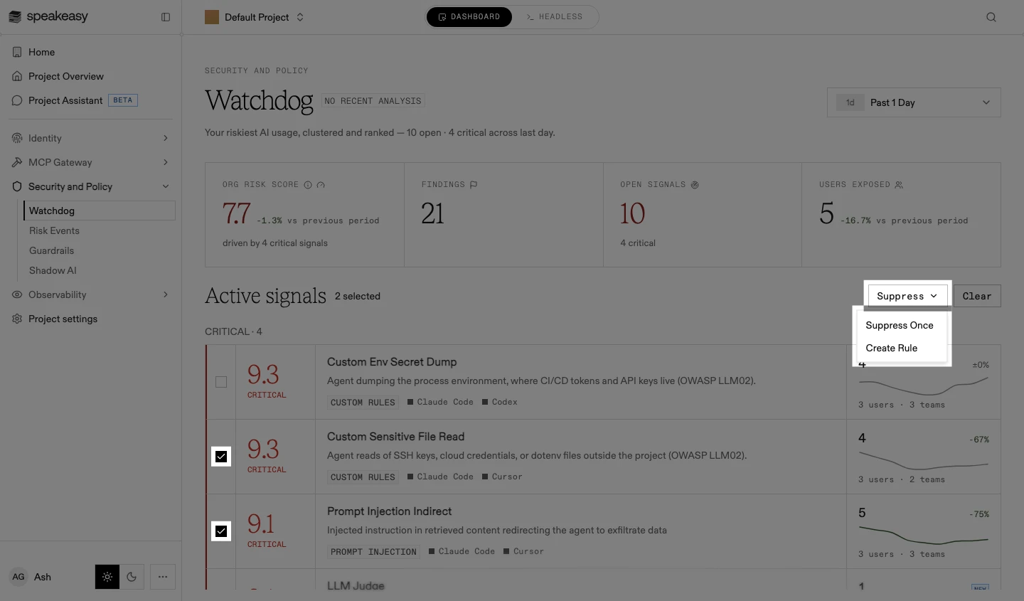 The active signals list with two signals selected and the Suppress menu open, showing Suppress Once and Create Rule