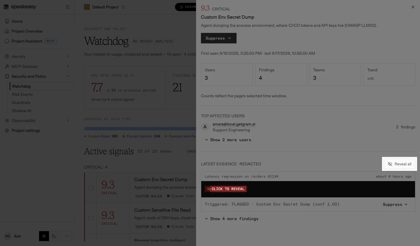 The signal drawer's evidence list with the Reveal all toggle and a match's Click to reveal control highlighted