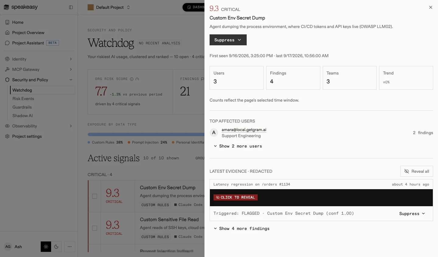 The signal drawer showing severity, user and finding counts, top affected users, and redacted evidence with a reveal control and per-finding Exclude action