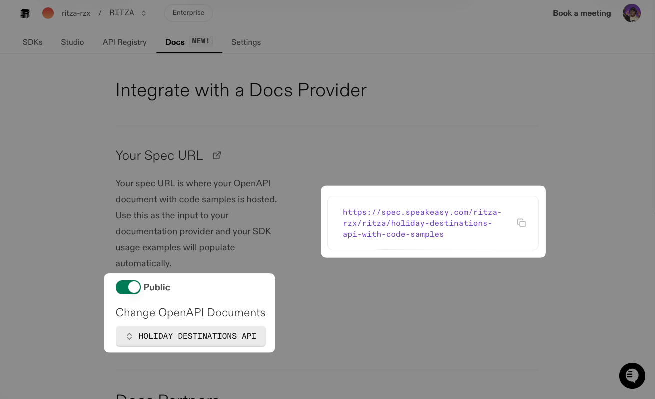 Screenshot showing the Integrate with a Docs Provider page with the Spec URL to copy