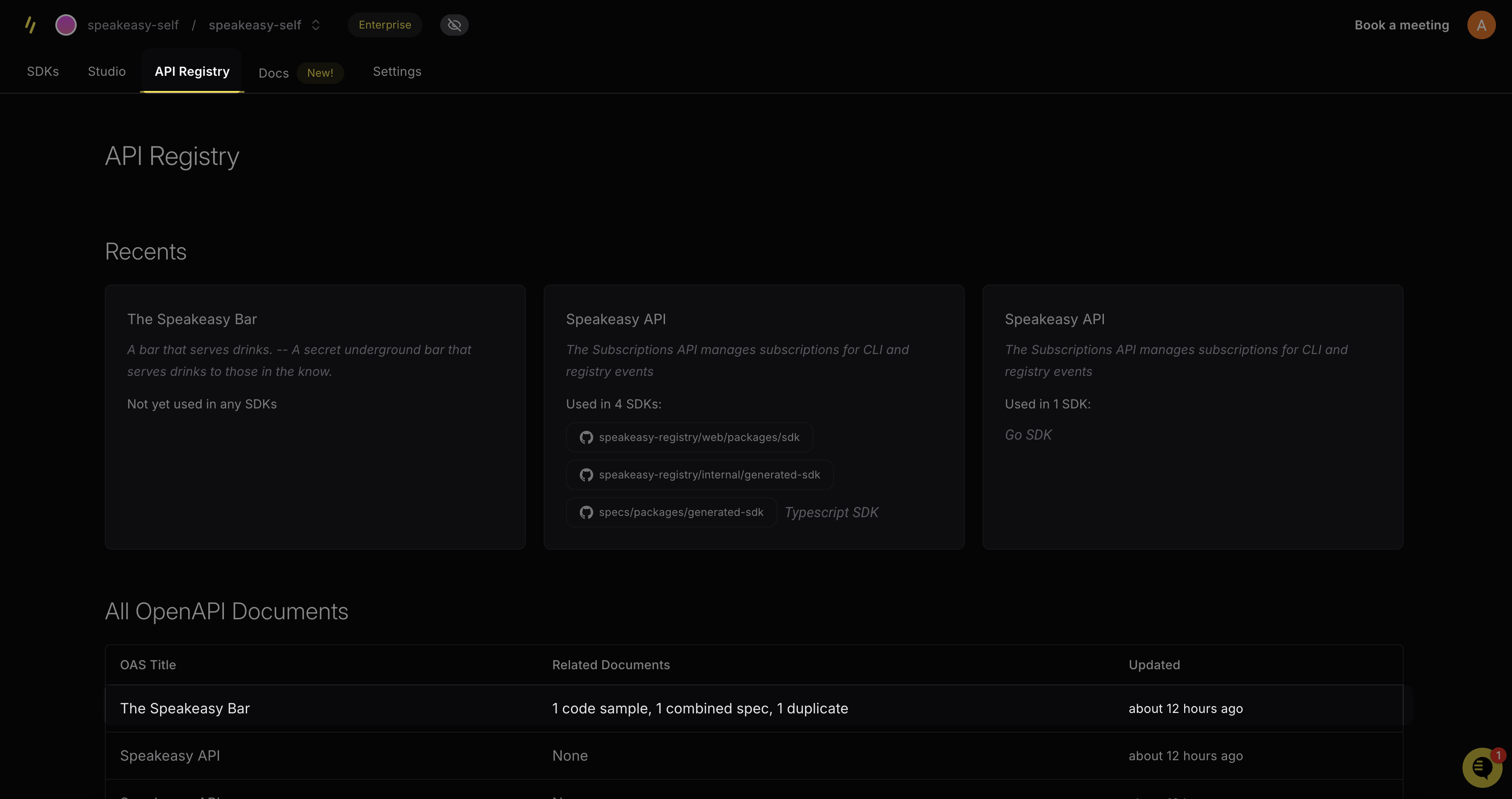 Screenshot showing the Speakeasy API Registry page