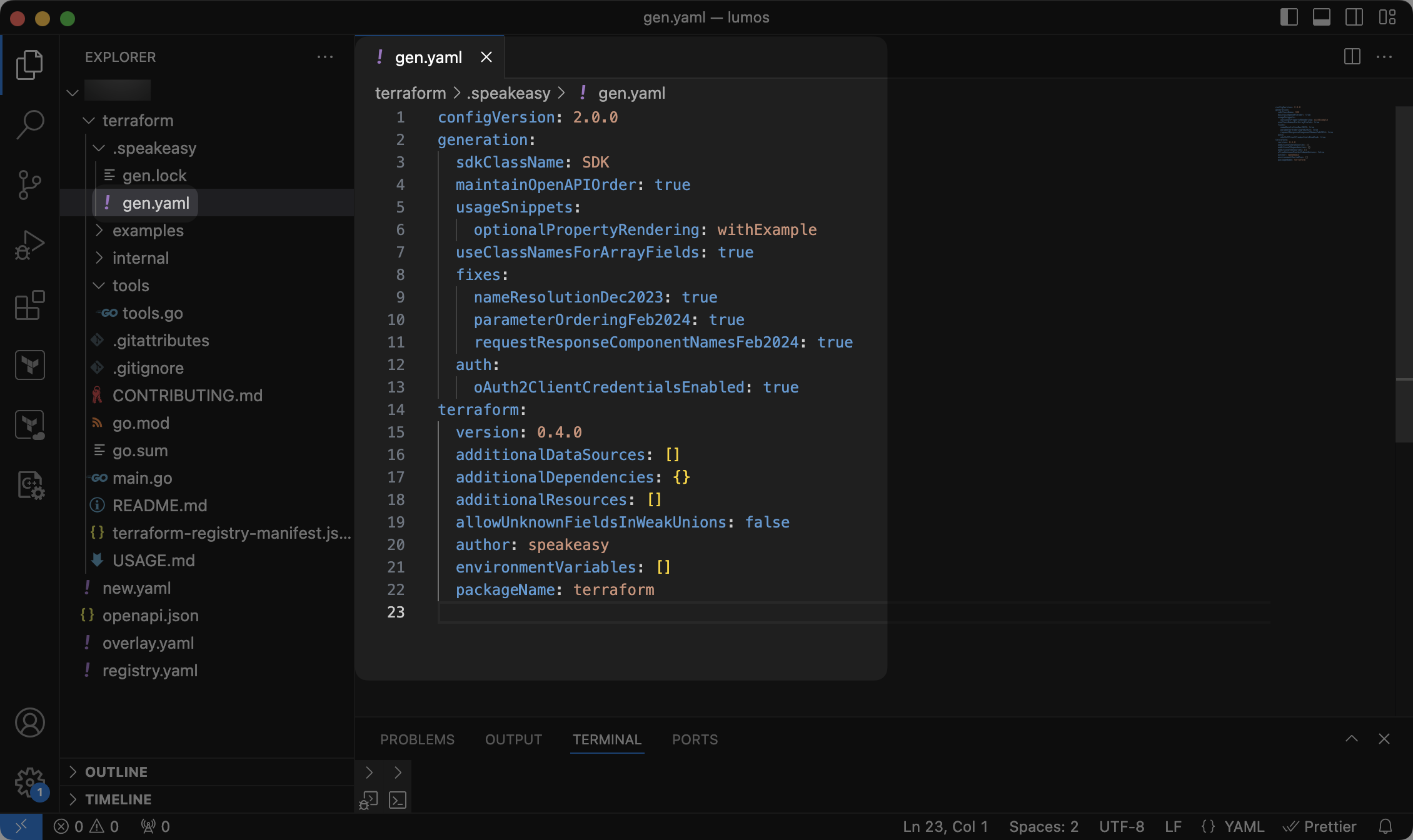 Screenshot showing the gen.yaml in VS code editor.