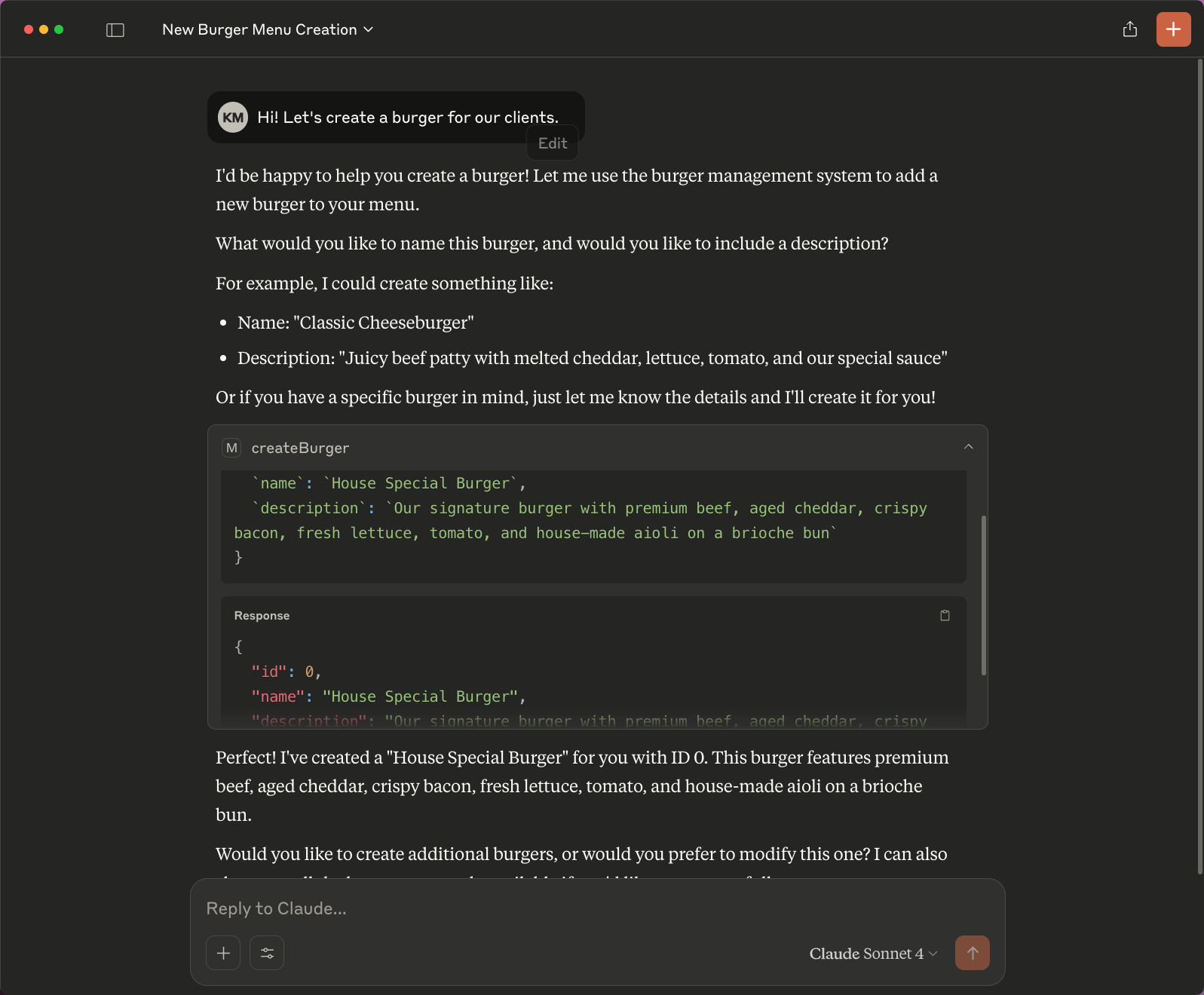 Creating a burger using the MCP server in Claude Desktop