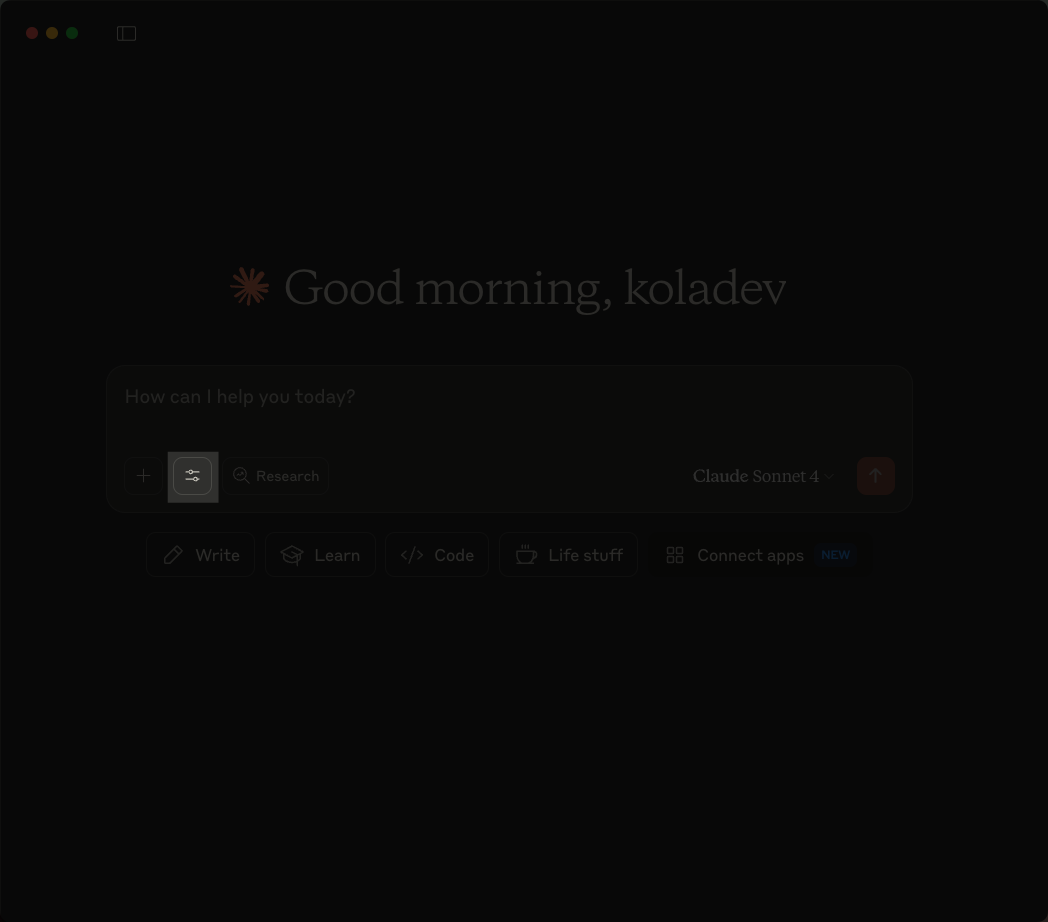 Clicking on the search and tools button in Claude Desktop
