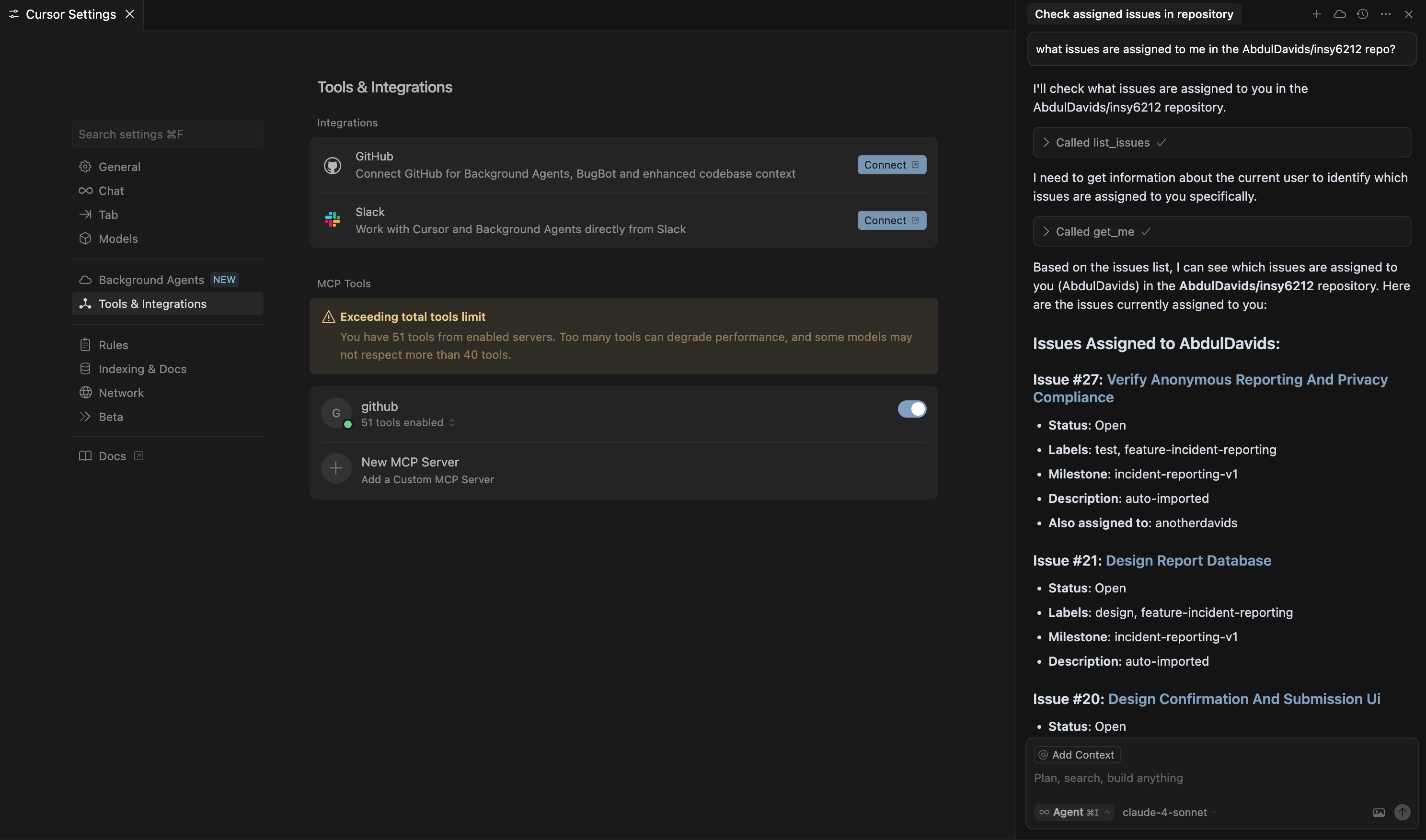 A screenshot shows a GitHub MCP tool under the Tools & Integrations tab in the Cursor settings.