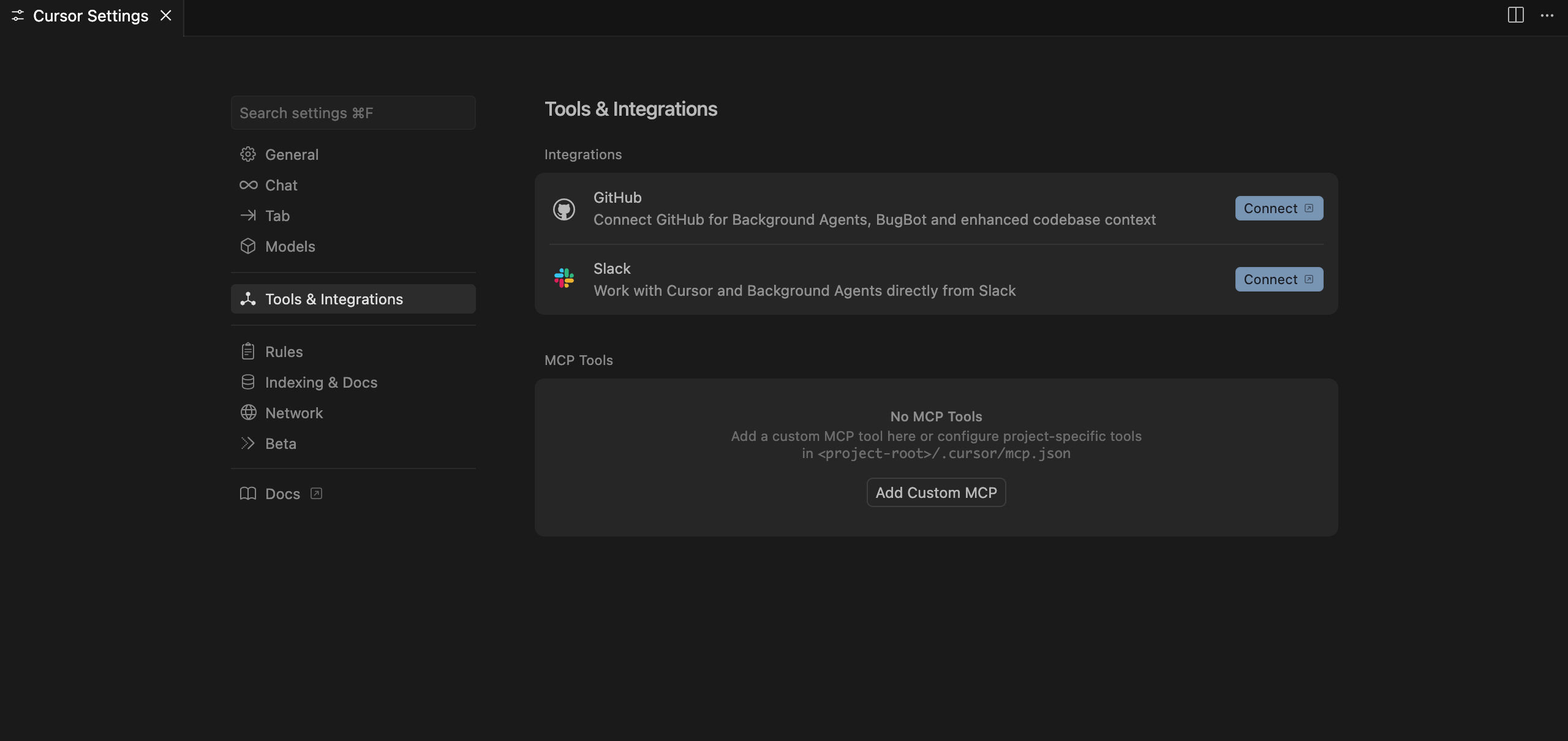 A screenshot shows there are no MCP tools beneath the Tools & Integrations tab in the Cursor Settings.