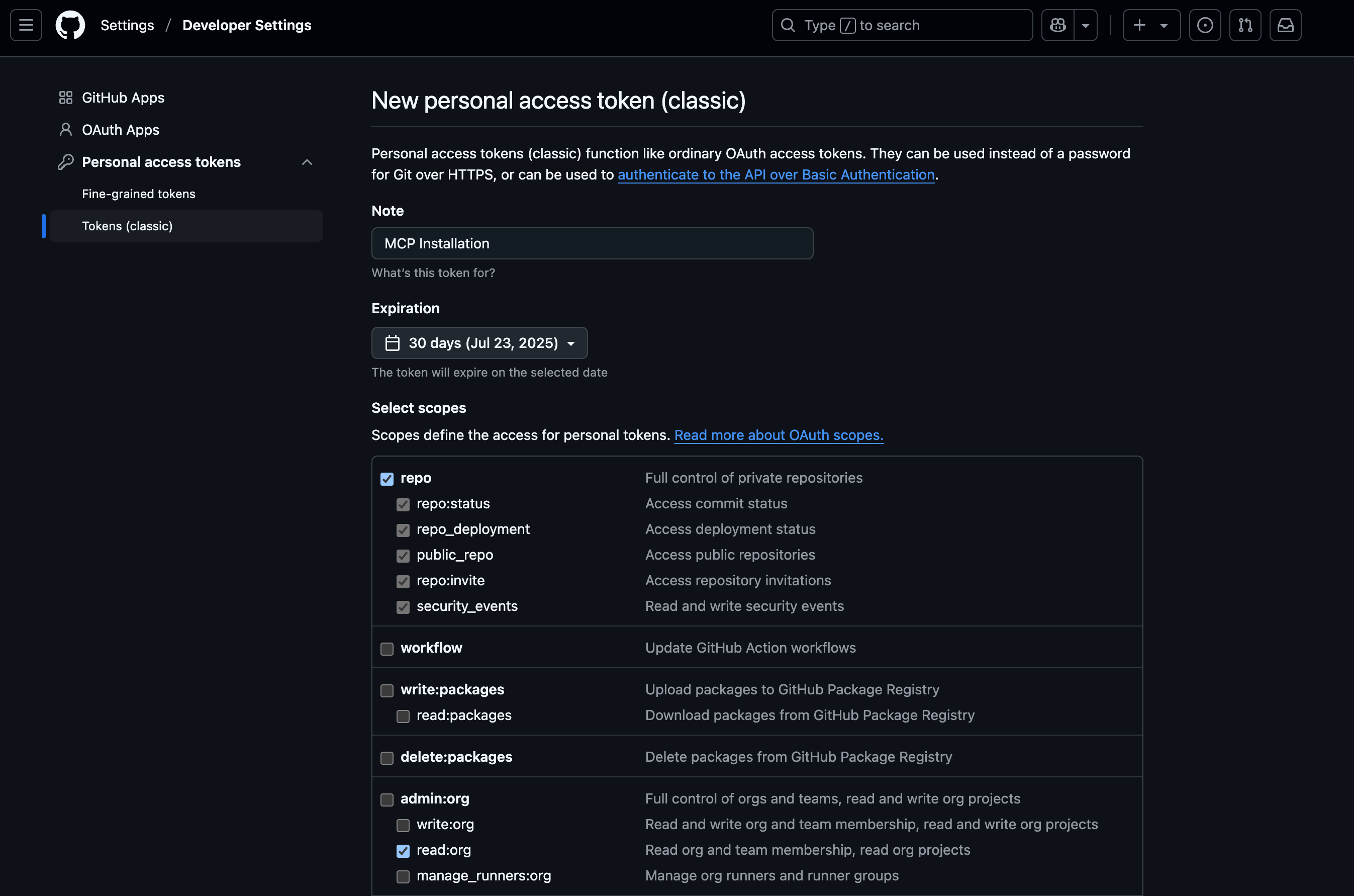 A screenshot shows the creation of a GitHub personal access token.