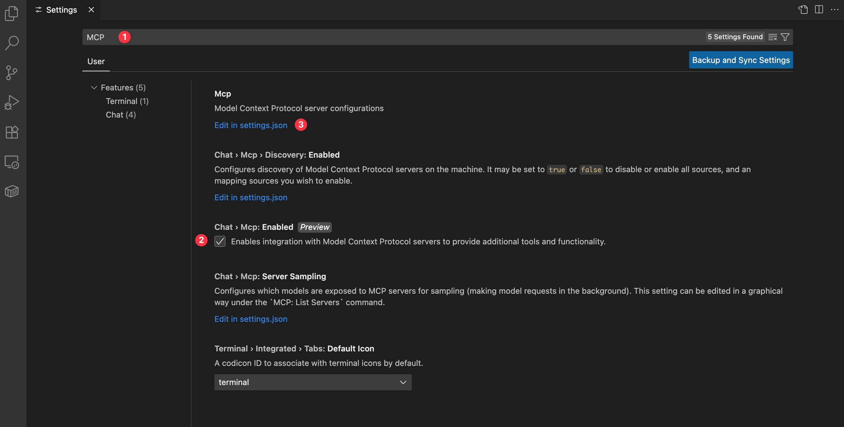 A screenshot shows the MCP section in the VS Code settings.