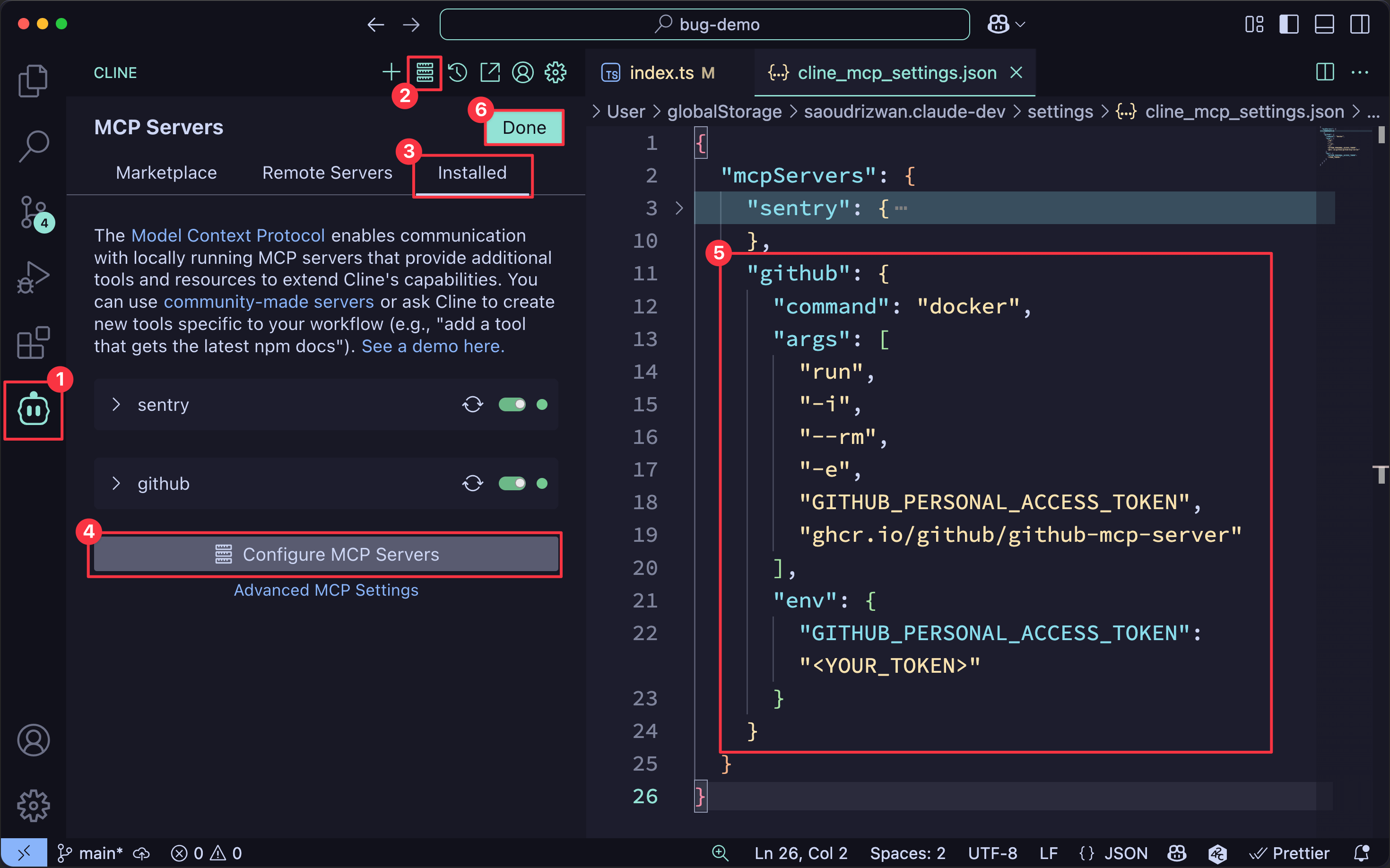 Configuring the GitHub MCP server in Cline's settings panel