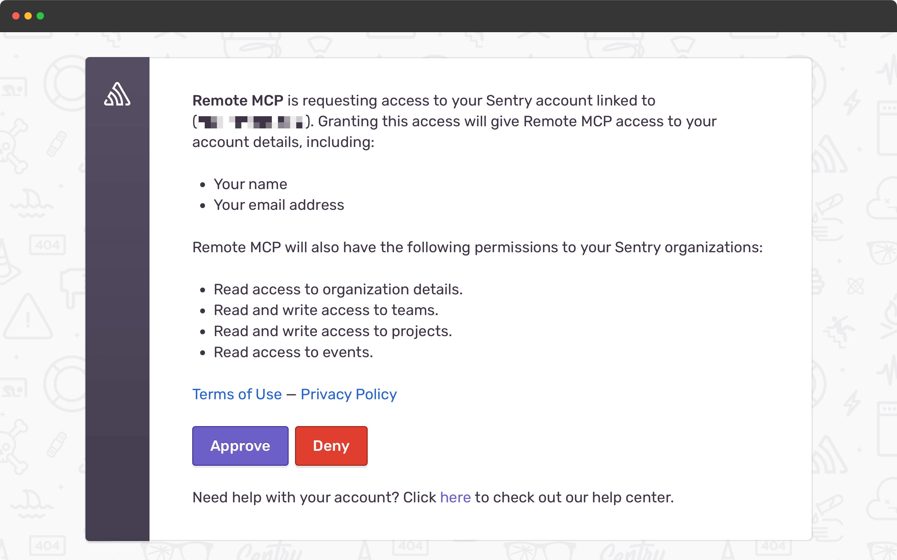 Sentry OAuth authorization page for Remote MCP server access